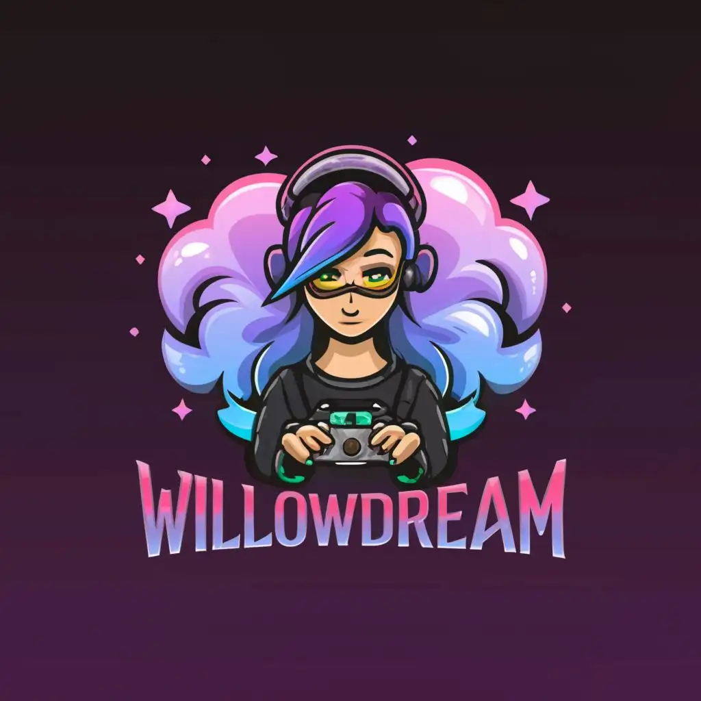 a logo design,with the text "Willowdream", main symbol:Female gamer in the clouds,complex,be used in Entertainment industry,clear background