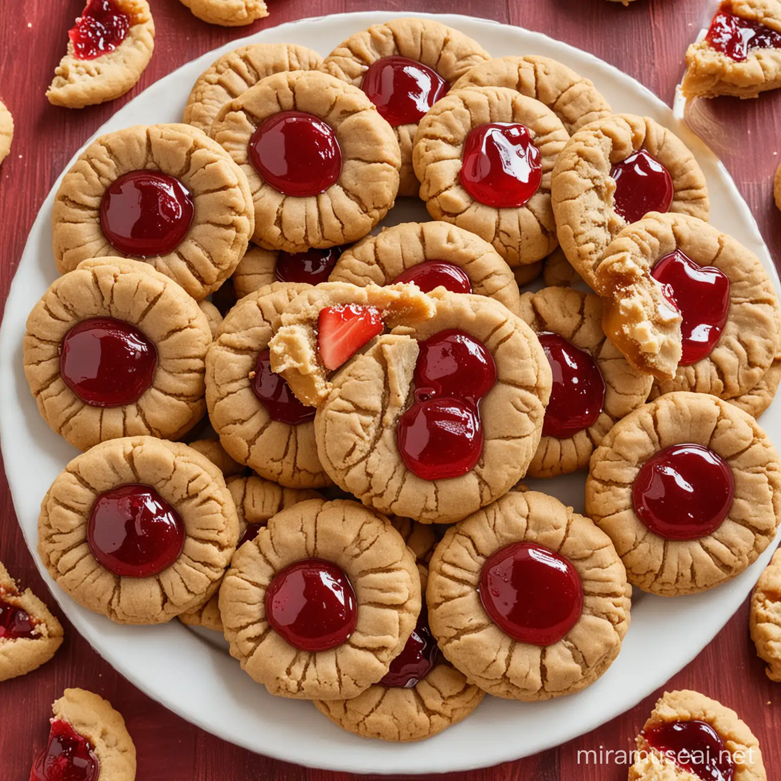 peanut butter cookies with strawberry jelly in the center