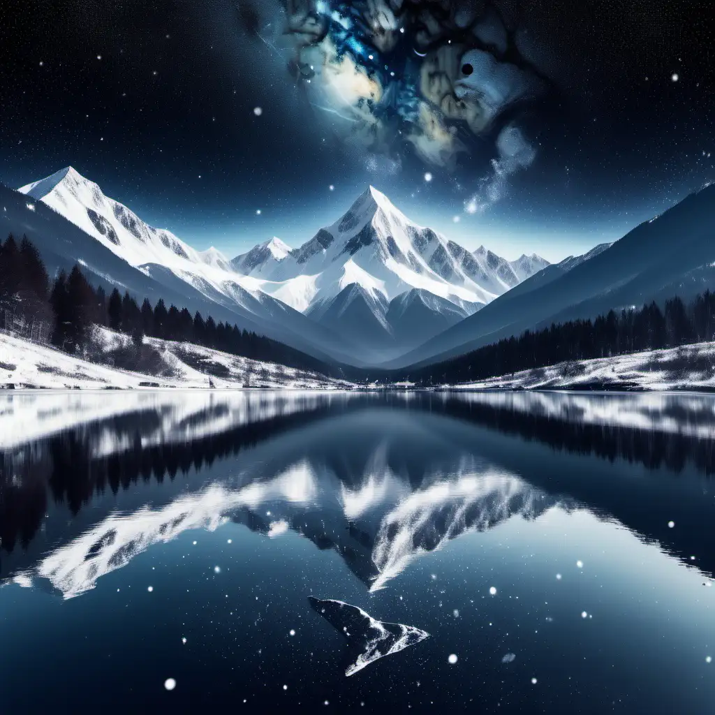 winter with water and snow and mountain with outer space


