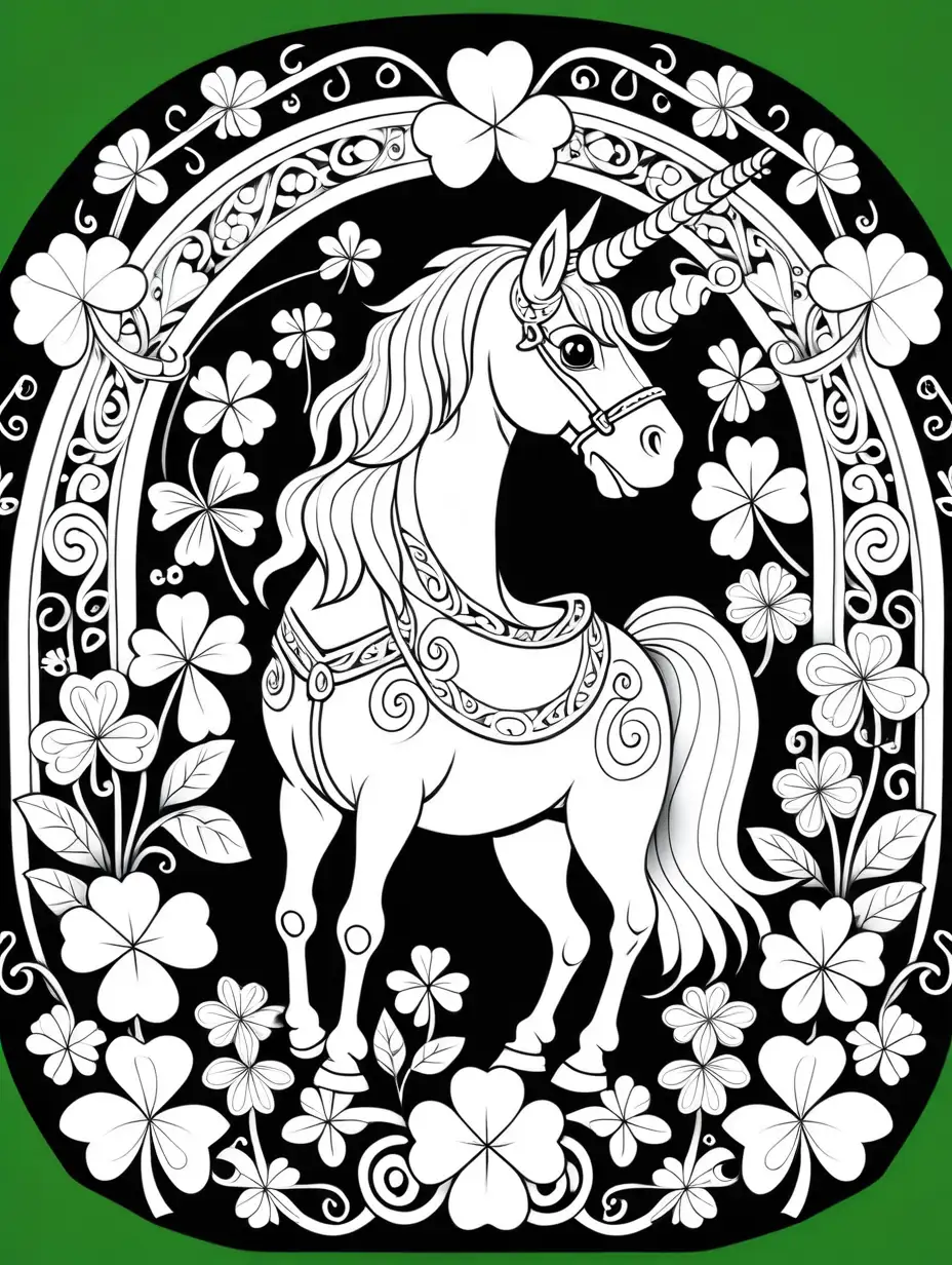 child's coloring page, simple thick lines, low detail, lucky charm, decorative horseshoe, clover, unicorn