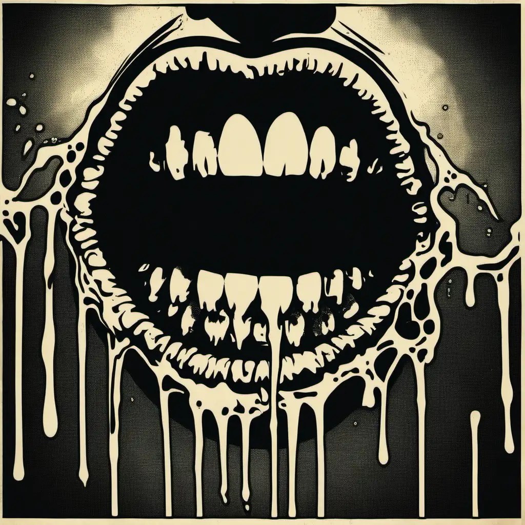 Grinning mouth with saliva dripping out, album cover, silhouette