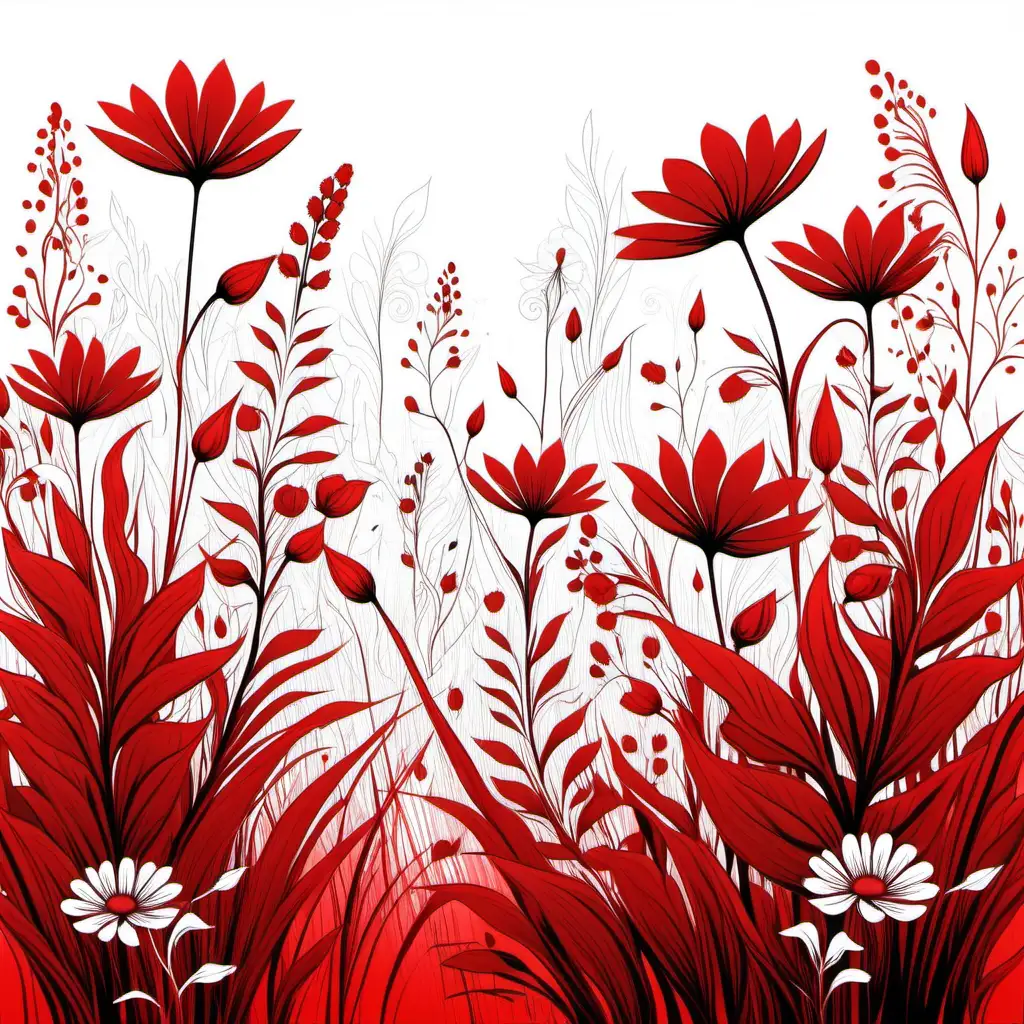 Enchanting Fantasy Scene with Vibrant Red Field Wildflowers Vector Art on White Background
