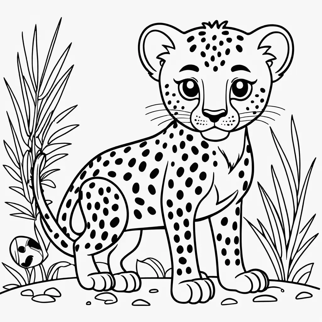 kids colouring page, low detail, no shading, thick lines, cute cheetah, cartoon style, no background,