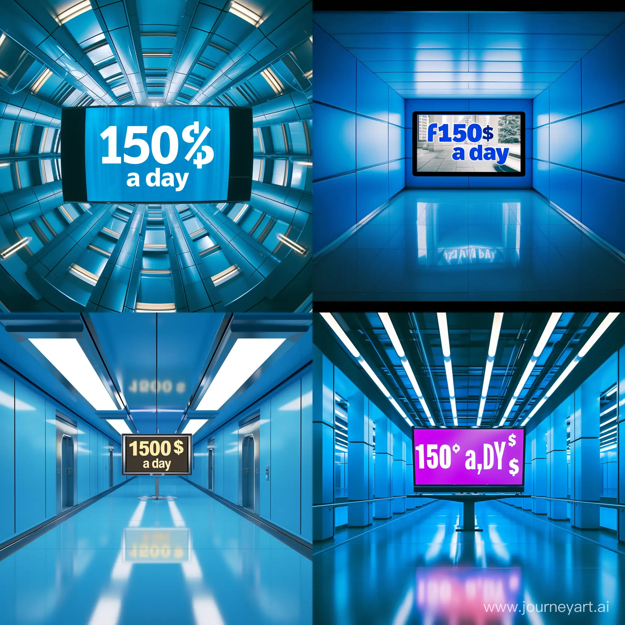 TV in the center of a large blue room, on the screen there is a bright text «150$ a day»
