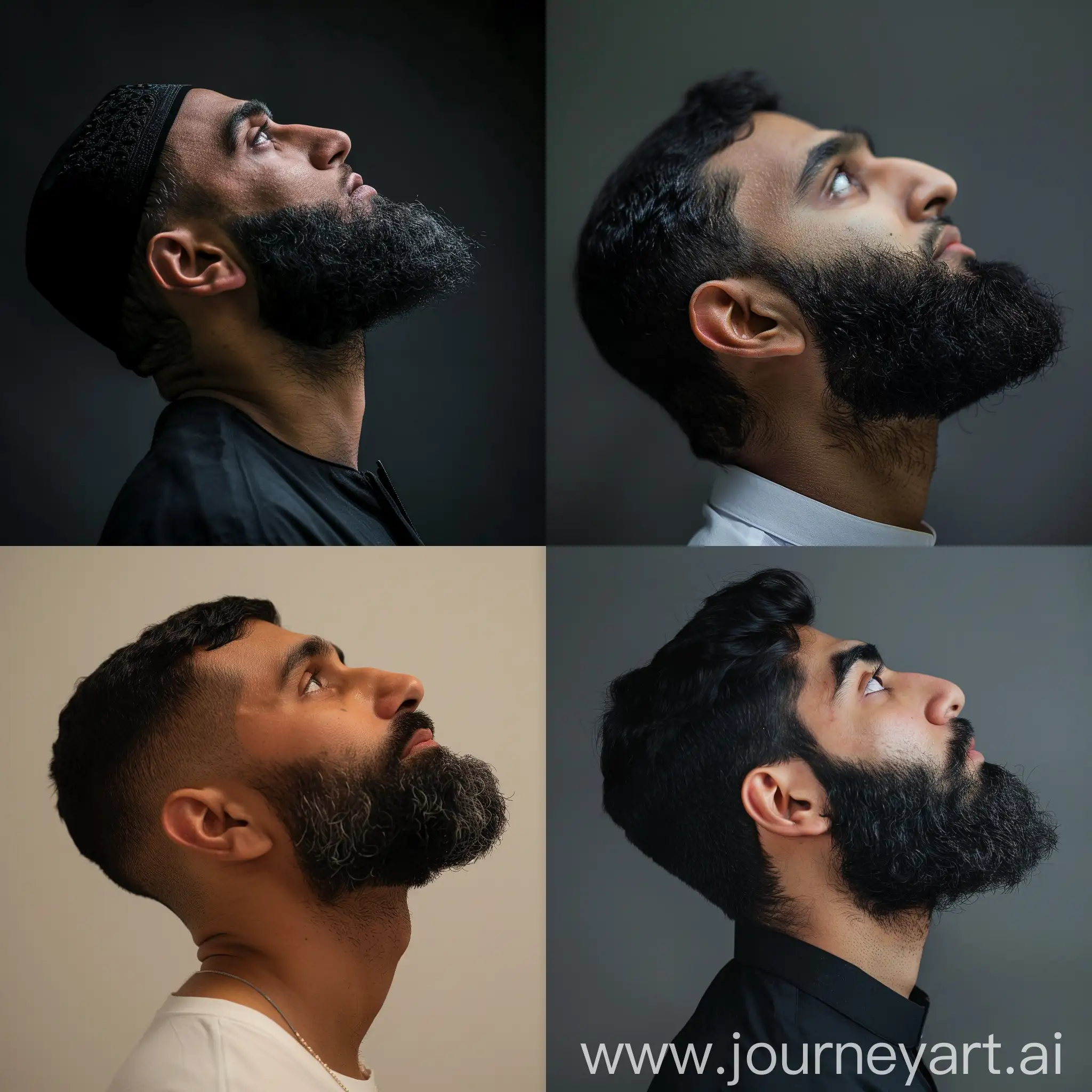 Muslim man with a beard looking up in side profile