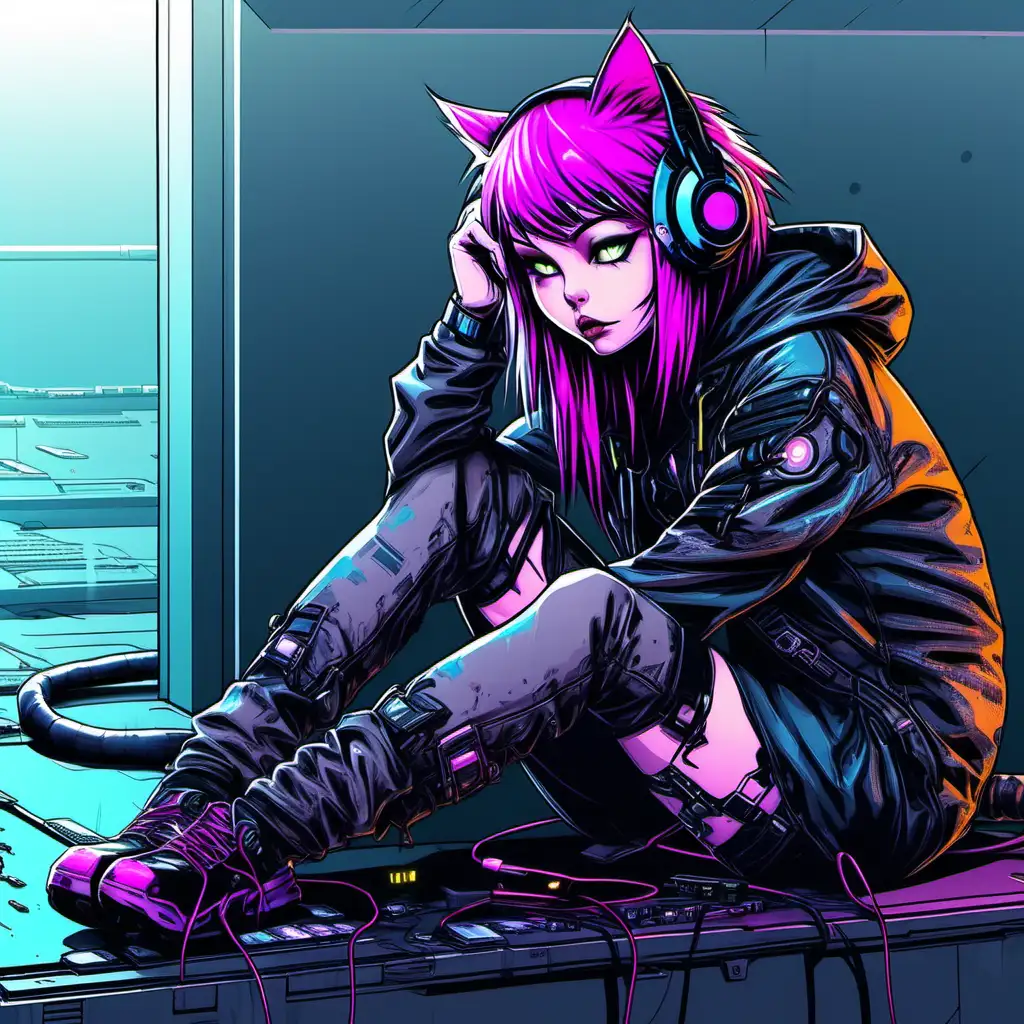 Sad Cyberpunk Cat girl  hiding