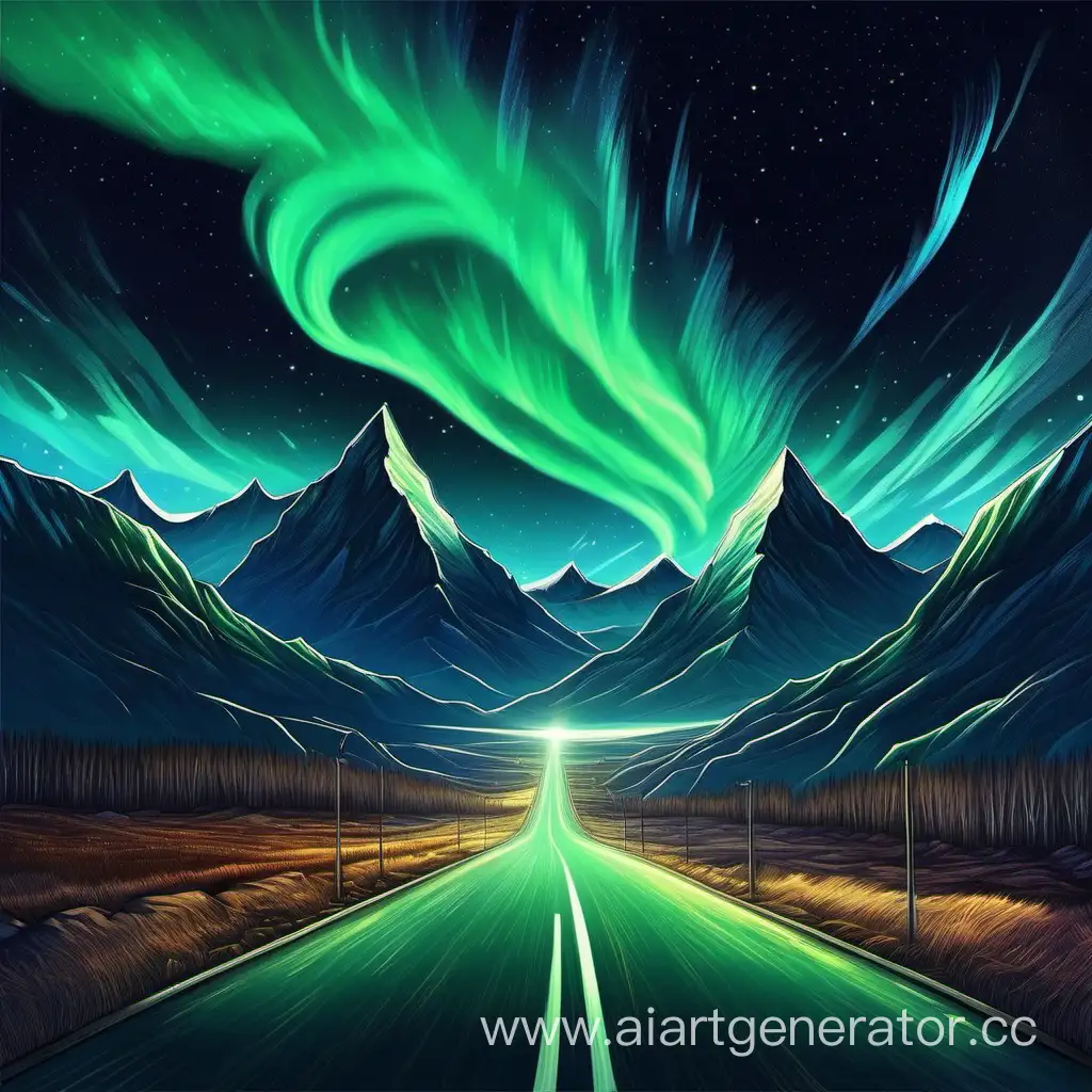 Night-Landscape-with-Northern-Lights-and-Mountain-Road