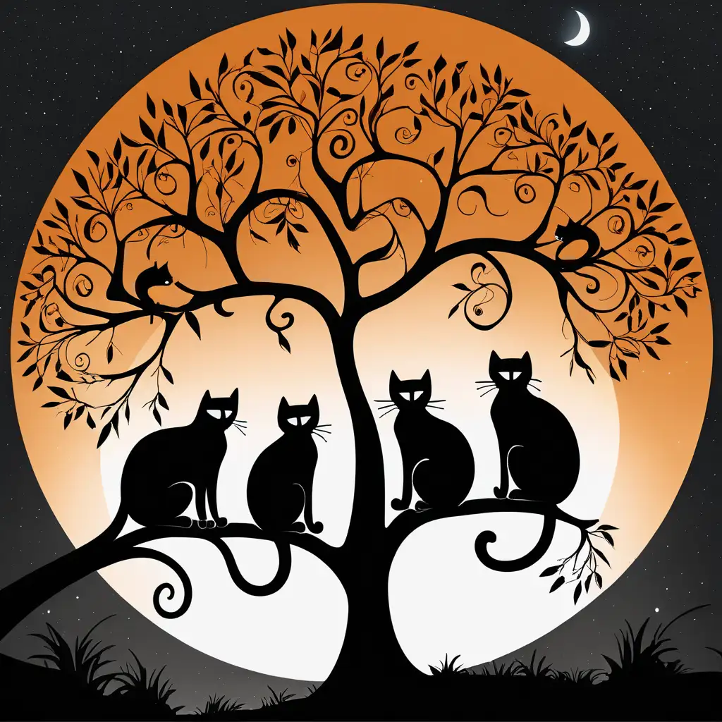 Three orange, black and white abstract tall cats sitting on the branch of a tree at night by moonlight