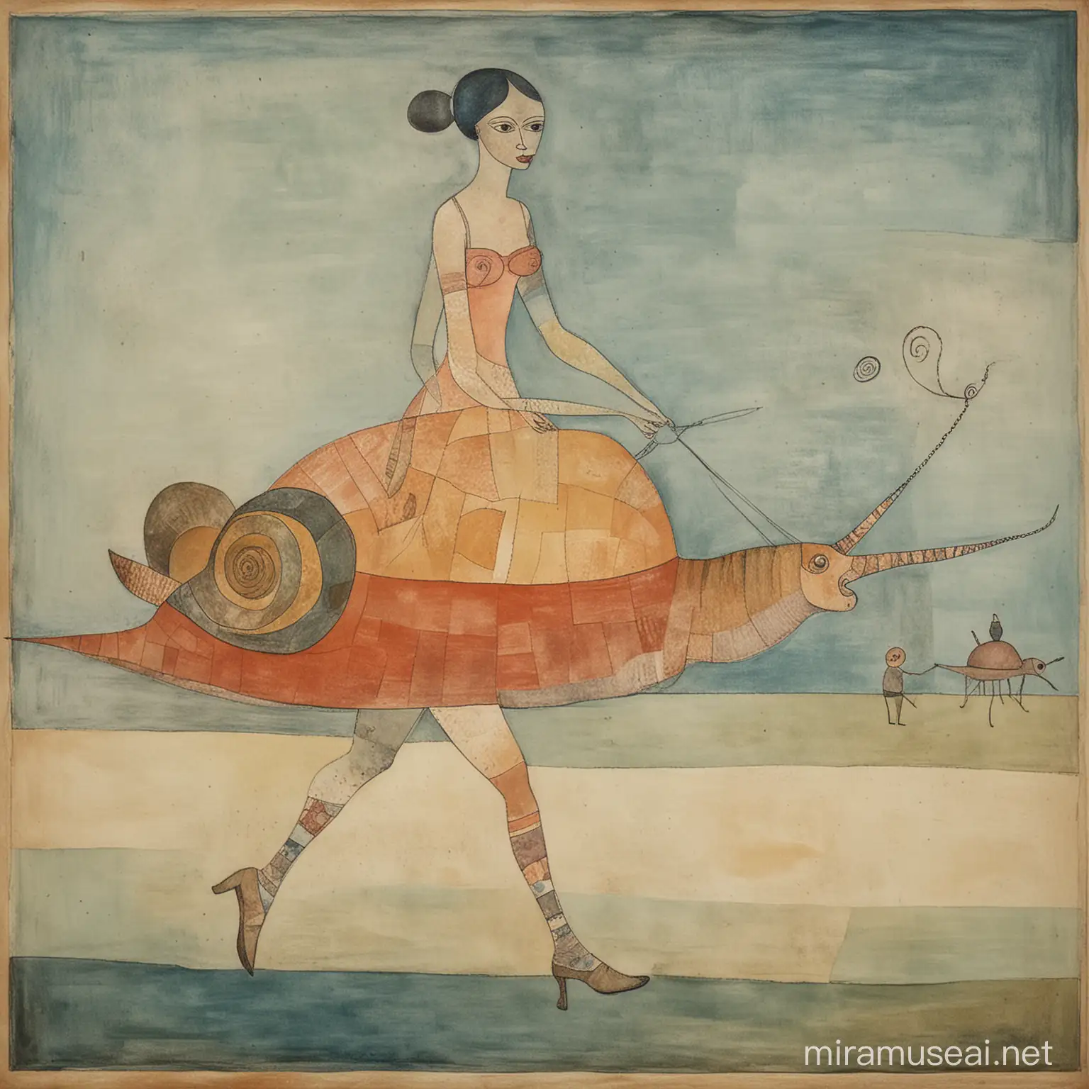 a mysterious woman running with a large snail on the leash behind her. surrealist monoprint by Paul Klee