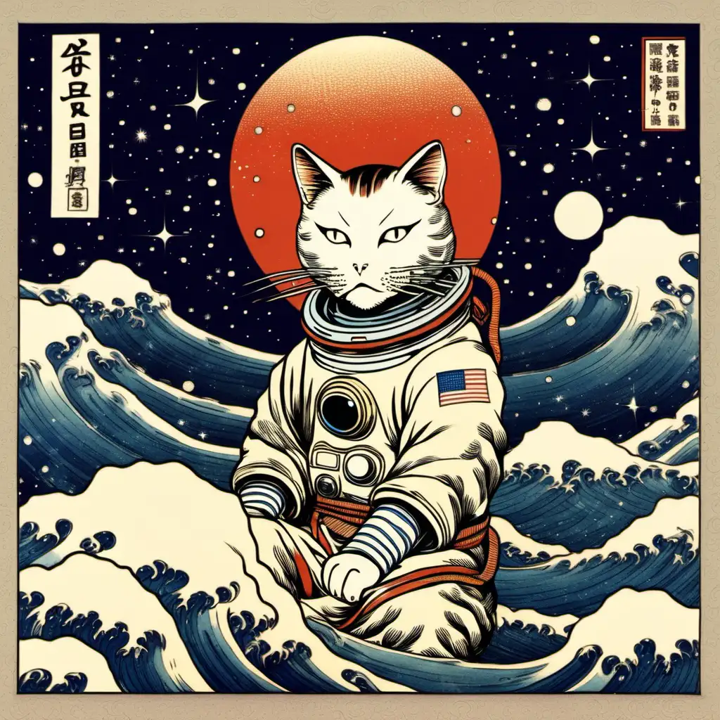 Space Cat in Ukiyoe Style Art
