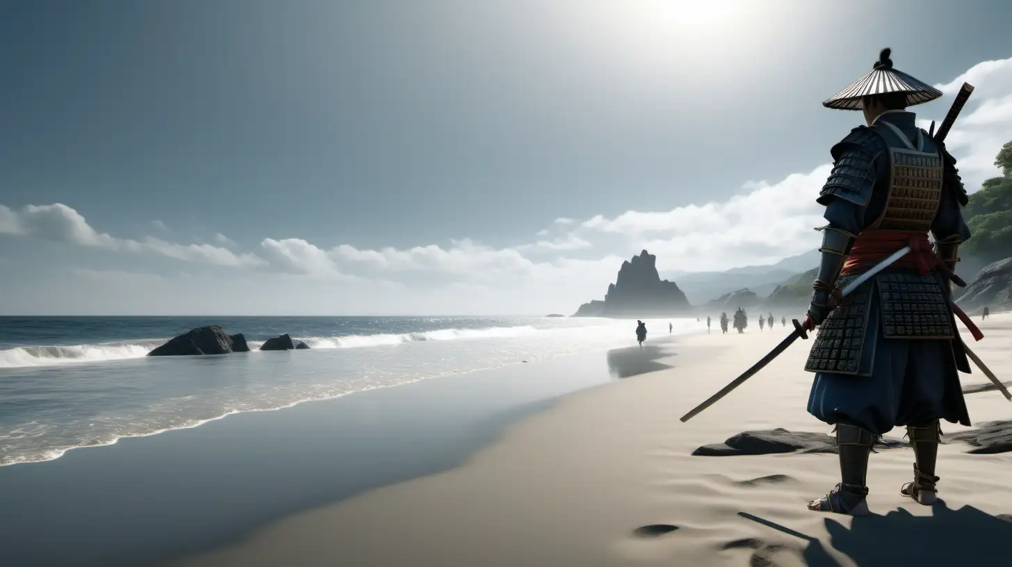 Imagen ultra realista,una playa,un soldado del siglo XVI al lado izquierdo, un samurai al lado derecho, iluminación cinematográfica,alta definición,16k