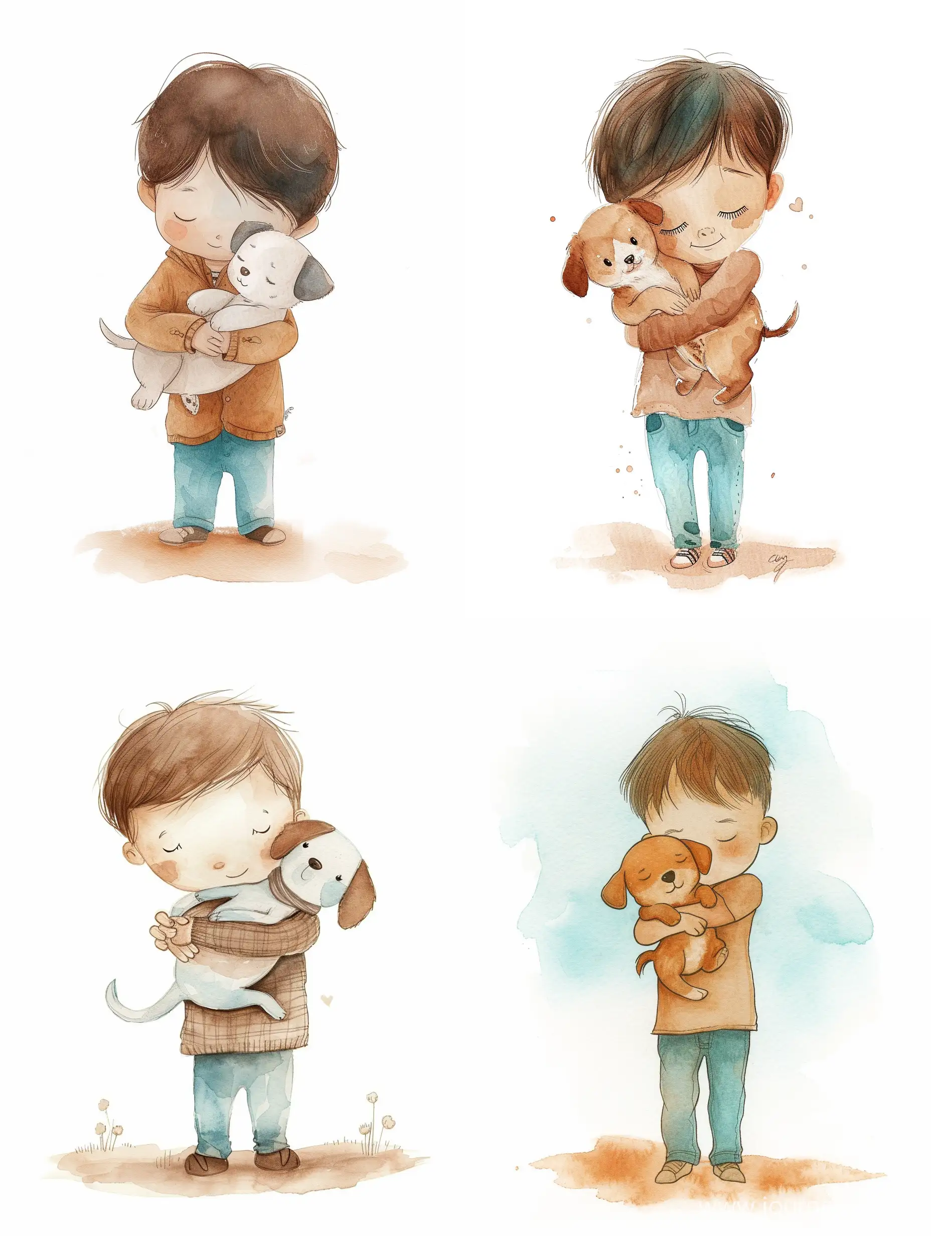 watercolor illustration, stylized characters on a white background, warm colors brown and soft blue, boy  holding a cute puppy in her arms, full length, hugs, tenderness