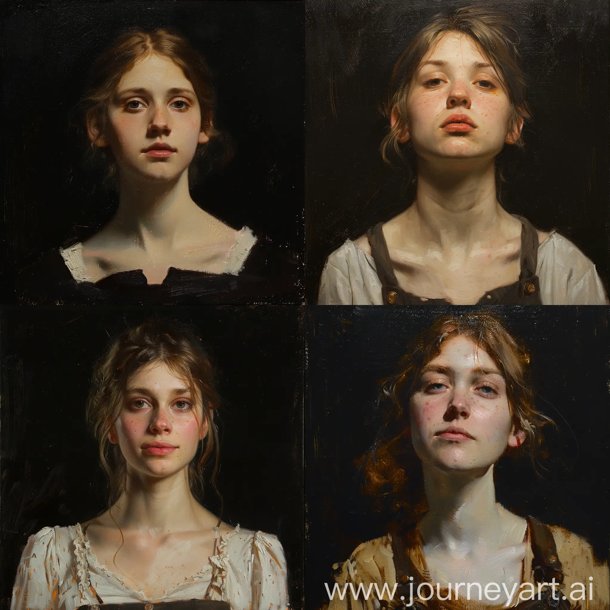 Oil sketch of a young woman , wlop John singer Sargent, jeremy lipkin and rob rey, range murata jeremy lipking, John singer Sargent, black background, jeremy lipkin, lensculture portrait awards, casey baugh and james jean, detailed realism in painting, award-winning portrait, amazingly detailed oil painting