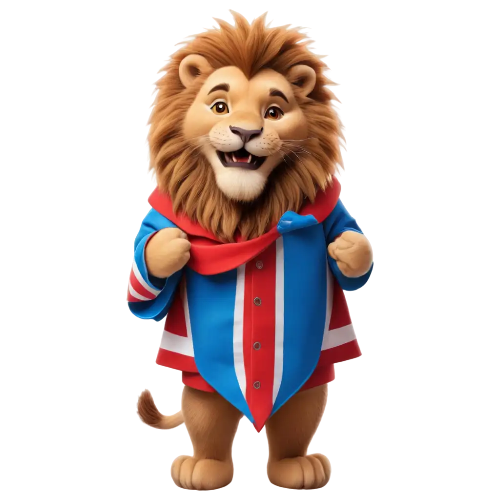 smiling lion on a chain
wearing clothes with blue, white and red stripes 
