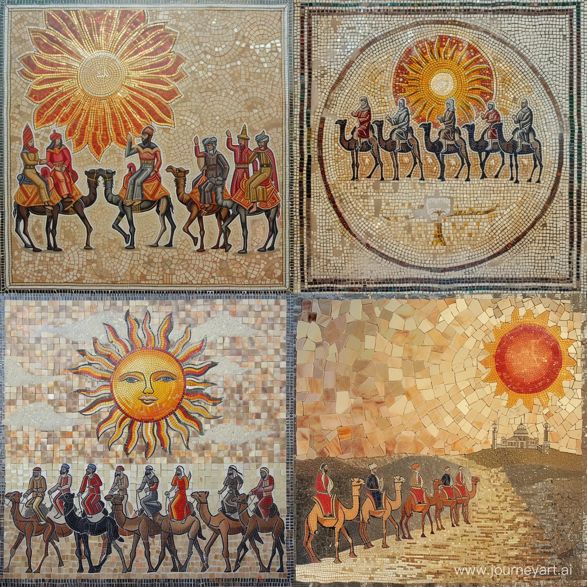 Arabic image of the sun and medieval people on camels, mosaic, ancient Arabic style