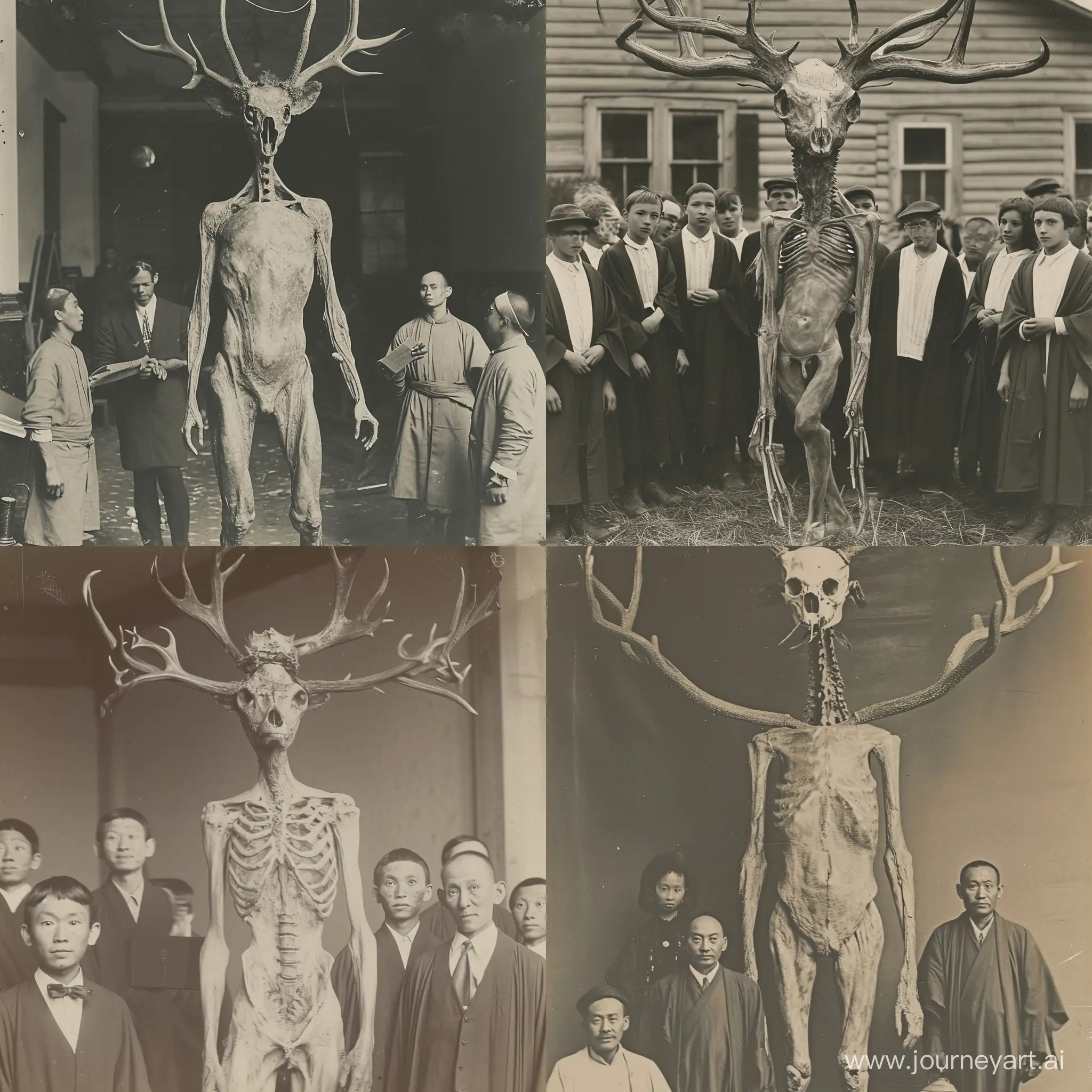 Леший с черепом оленя на голове, оленьи рога, худой, три метра, с учёными на старом фото, начало 20 века