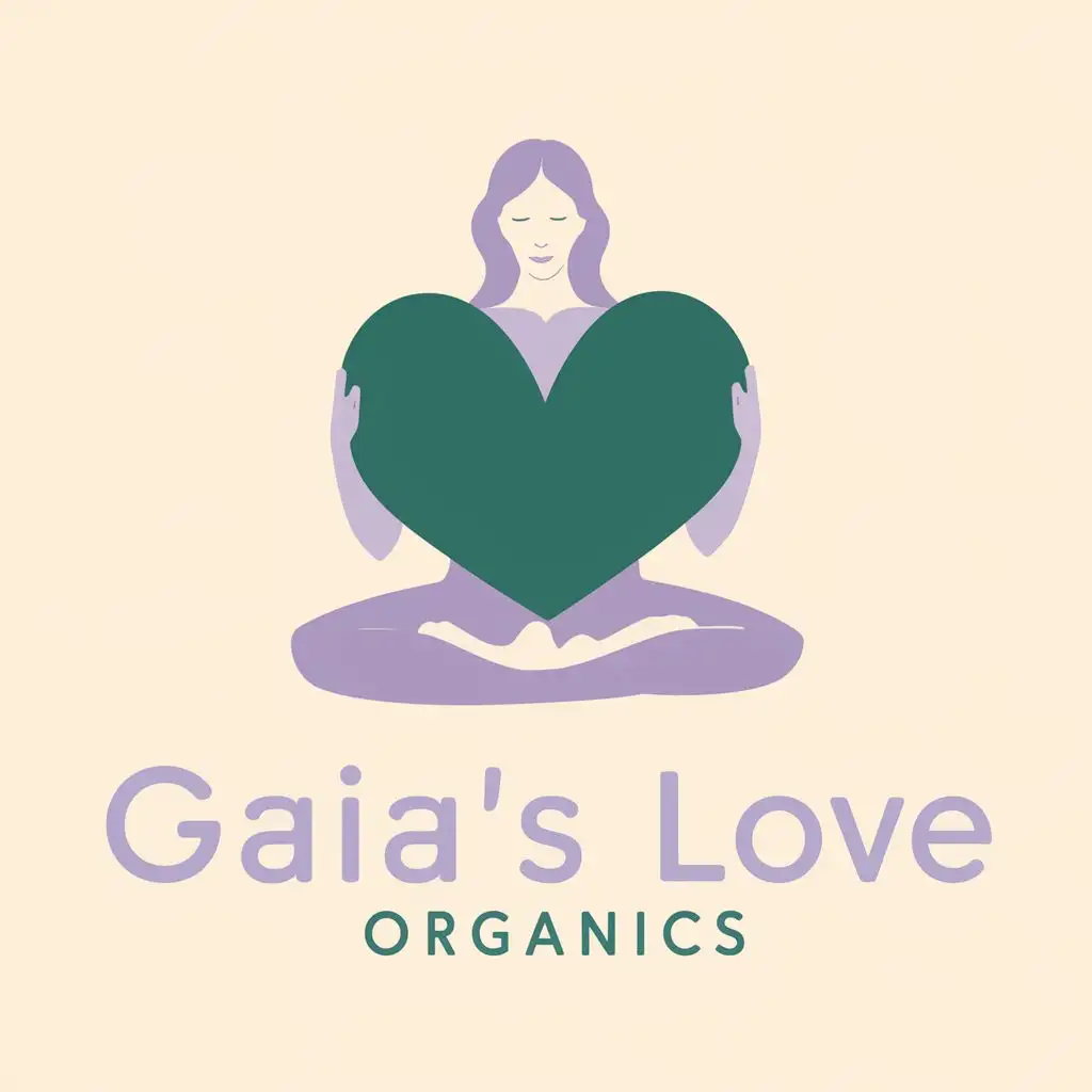 logo, light purple woman sitting in a yoga position holding a giant emerald green love heart, with the text "Gaia's Love Organics", typography