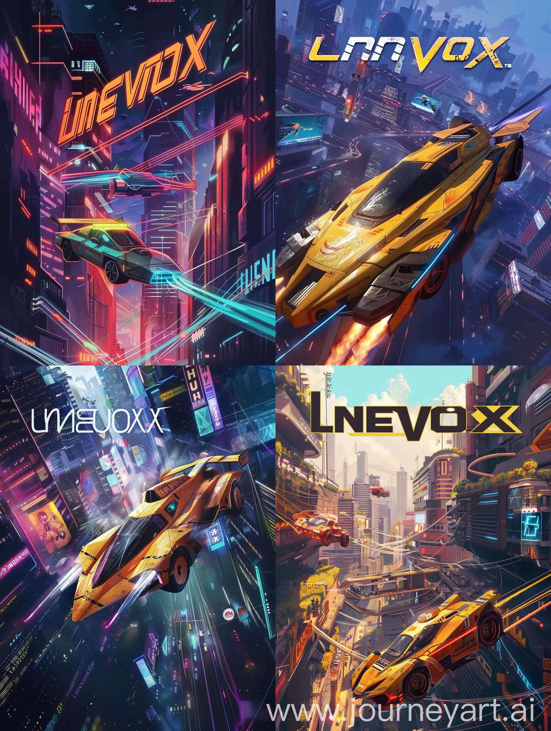 Cute cover for a game about flying car racing, cyberpunk, with the inscription "LineVox"