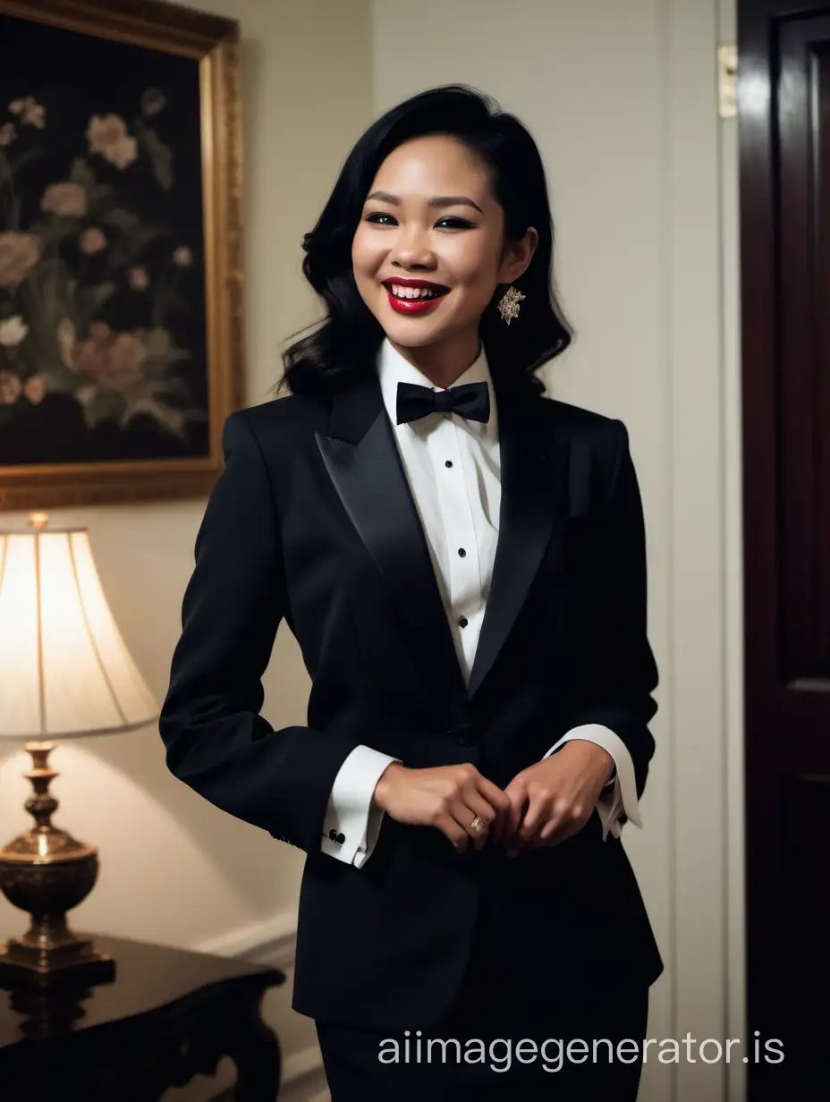 The scene is a dimly lit room in a wealthy mansion. A beautiful smiling and laughing Vietnamese woman with tan skin, long black hair, and lipstick, mid-twenties of age, is standing in the corner of a room. She is wearing a tuxedo with a black jacket.  The jacket has a corsage. Her shirt is white with double French cuffs and a wing collar.  Her bowtie is black.   Her cufflinks are large and black.