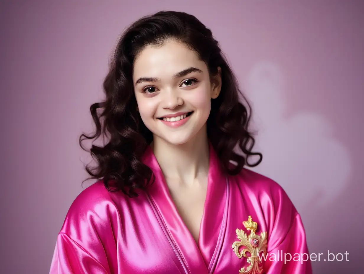 Yevgenia Medvedeva with her hair down, smiling in a royal bright pink silk robe