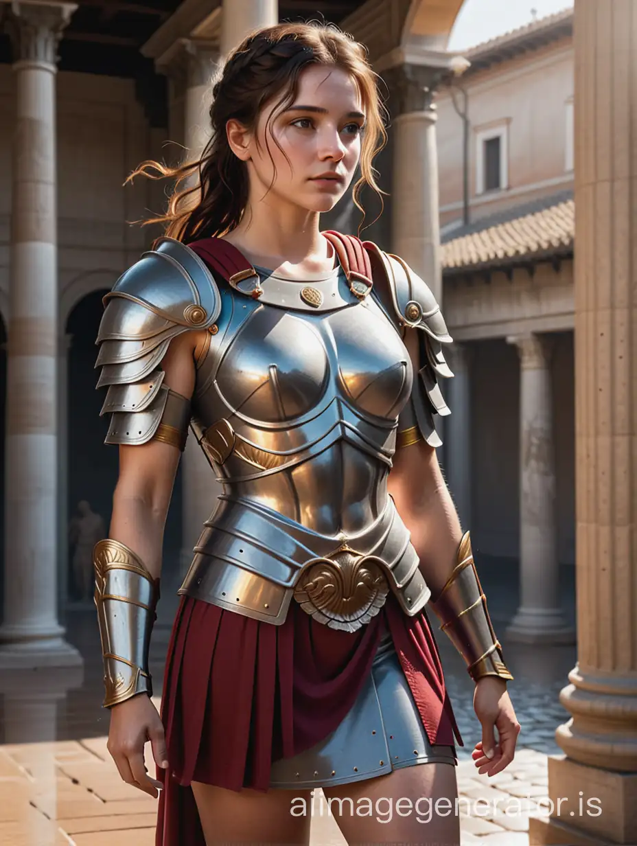 1girl, leogirl, ((ancient rome light armor)), full body, Sweaty, solid gray background, Dramatic composition, fit body, fully immersed in natural light, best quality,  highly detailed features, top-quality, 8K, ​masterpiece, Photorealsitic.