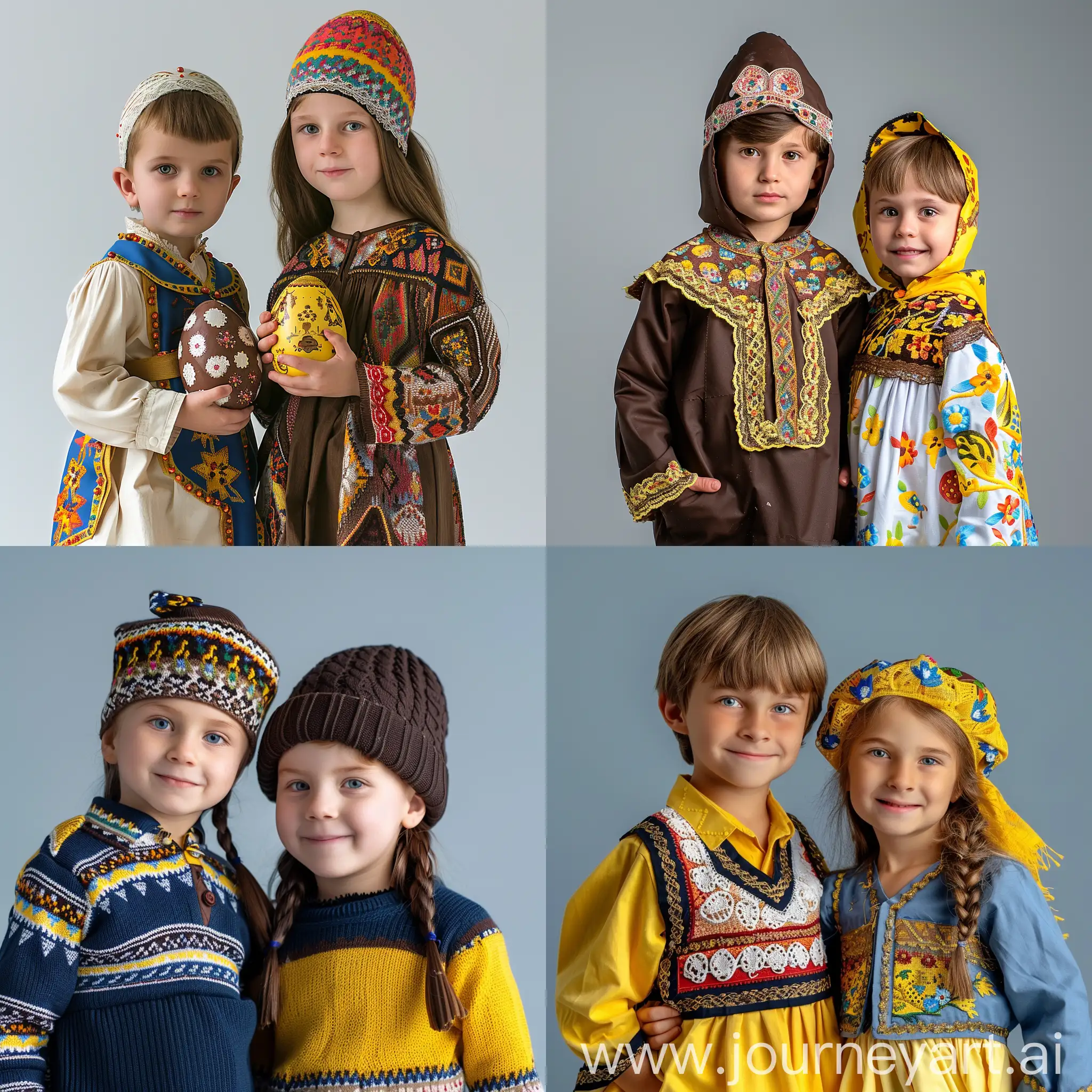 chocolate Easter eggs The background should plain, overall message to suport children in Ukraine , national Ukraine colors, boy and girl ukrain with national Ukraine clothing