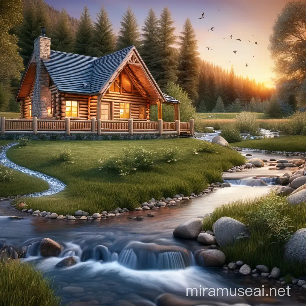 Sunset Serenity Illuminated Log Cabin by a Winding Stream with Wildlife