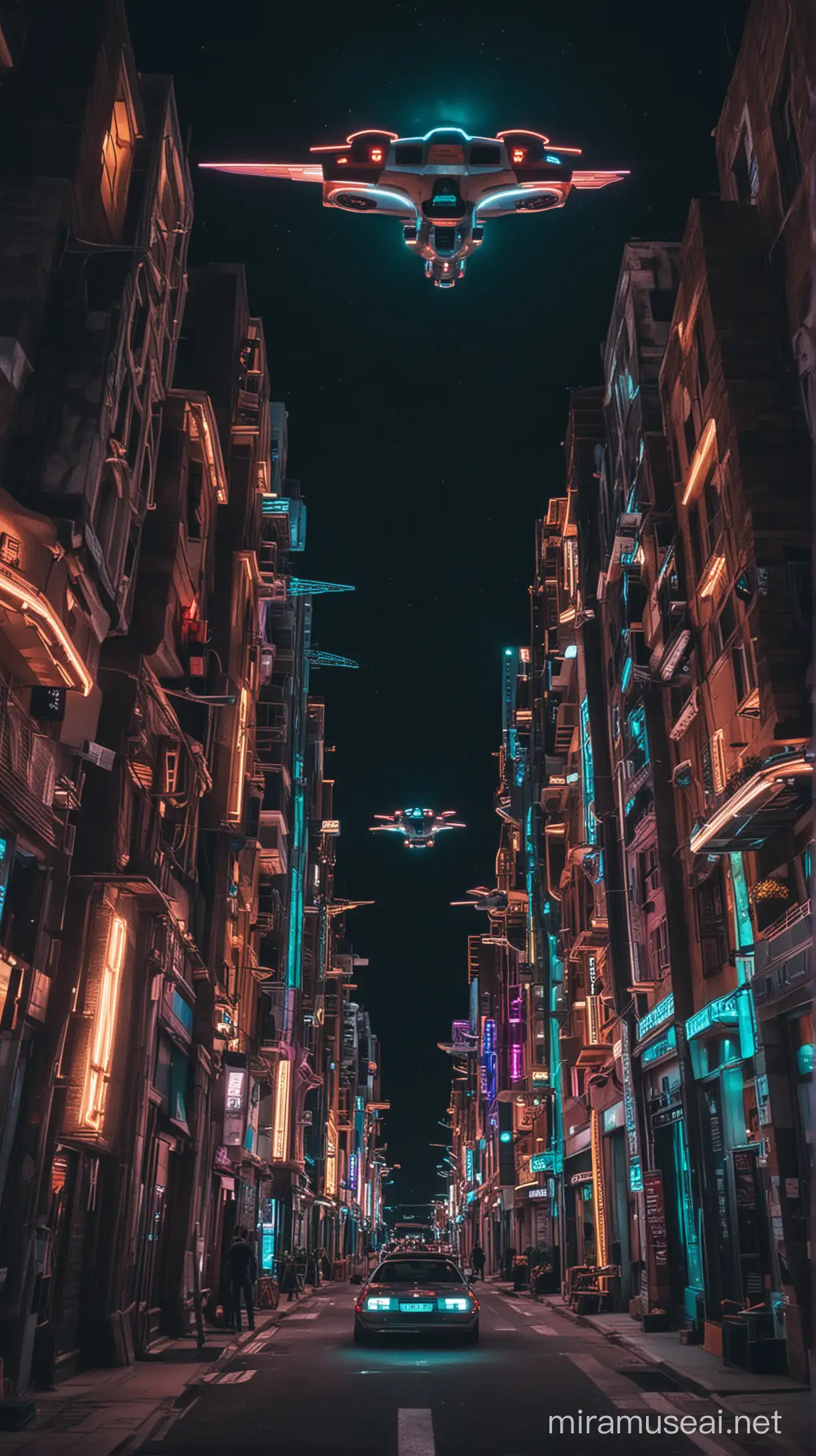 Ecumenopolis night with neon lighted buildings, flying cars. A person view from below
