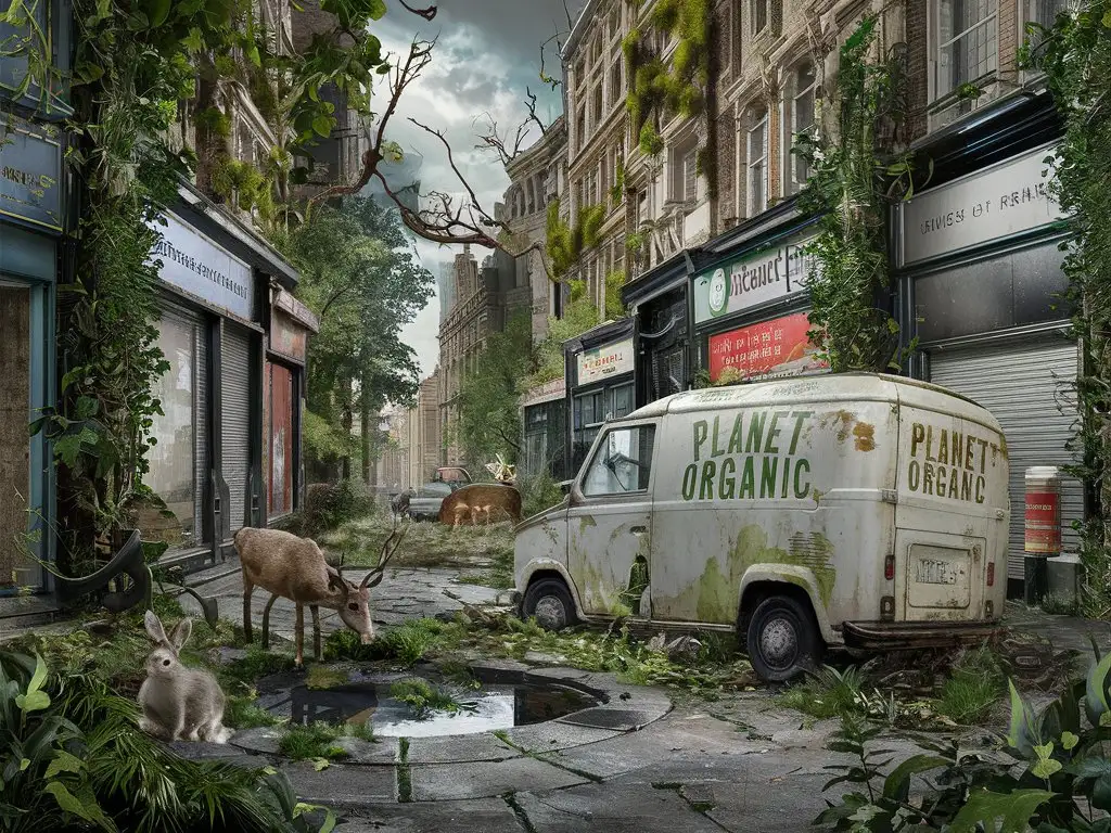 hyper detailed fantasy image of a shopping high street in west london, the time is millions of years in the future, the whole street has been reclaimed by nature , vines and other plantlife have taken over and are growing up the walls and out of the cracks in the pavement, forest creatures such as rabbits and reindeer are exploring the area, a deer is drinking from a puddle, a delapidated old white van which reads "PLANET ORGANIC" on the side can be seen parked by the side of the road