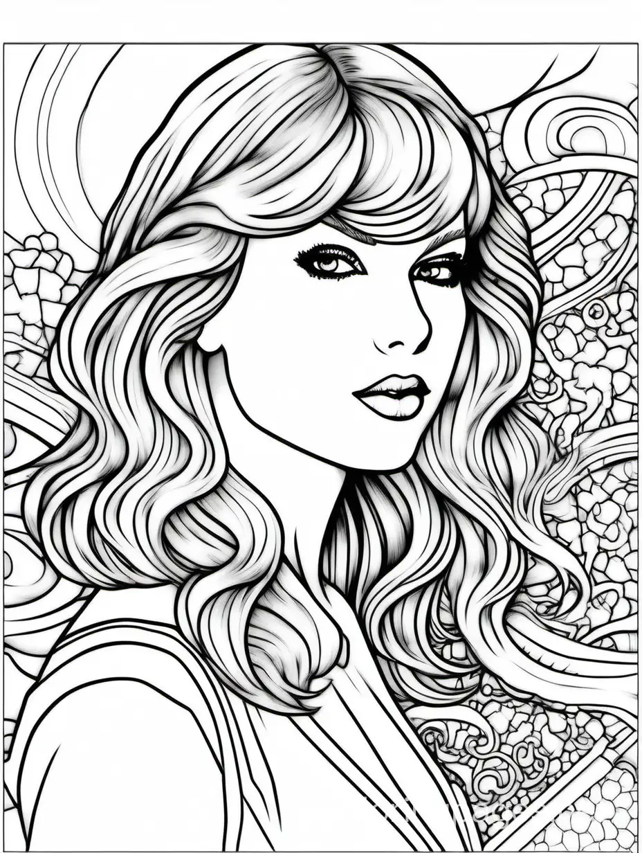 Taylor Swift album cover, Coloring Page, black and white, line art, white background, Simplicity, Ample White Space. The background of the coloring page is plain white to make it easy for young children to color within the lines. The outlines of all the subjects are easy to distinguish, making it simple for kids to color without too much difficulty