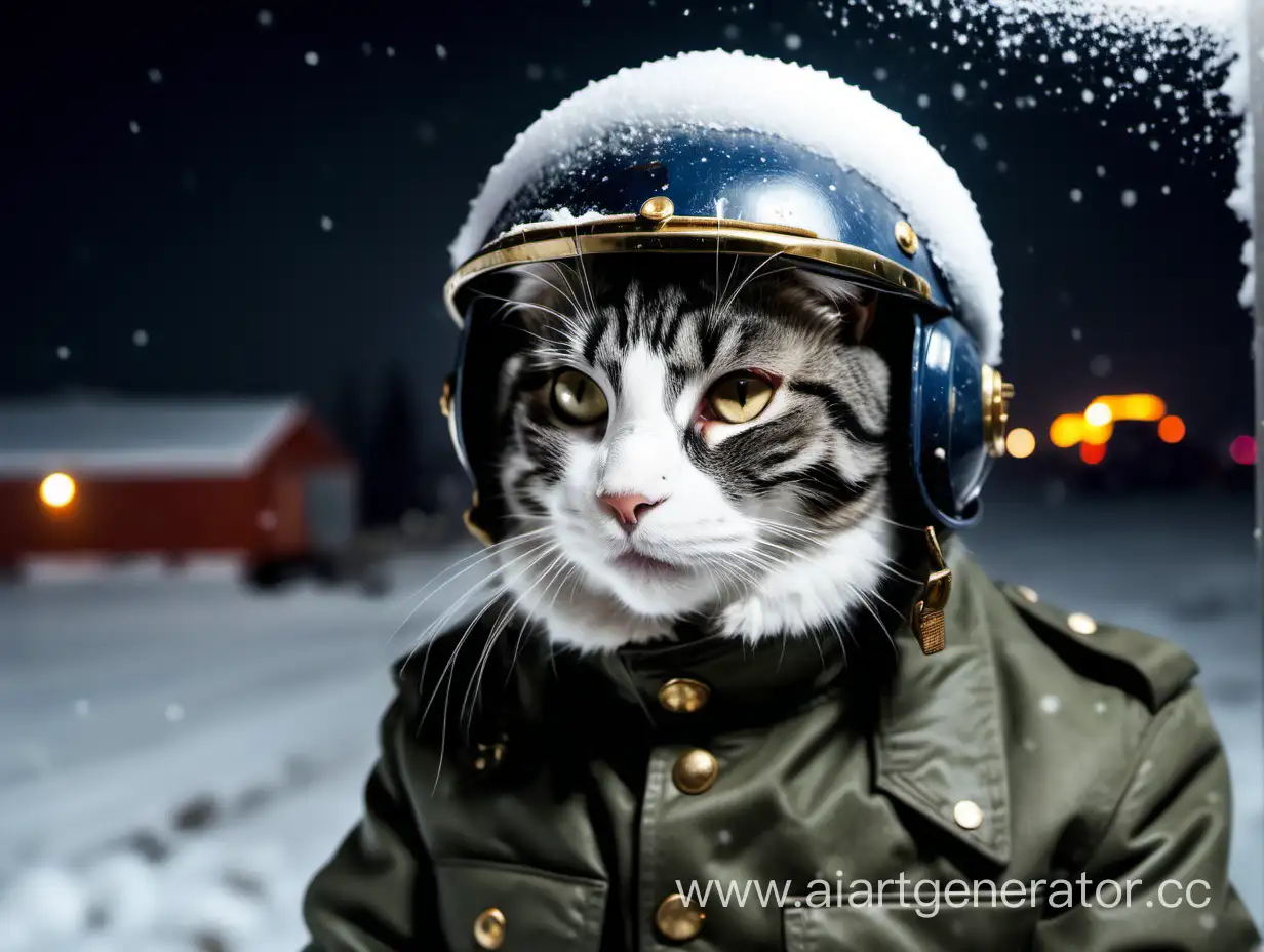 Кот в тёплой военной куртке, в 
русской шлеме танкиста, смотрит, на заднем фоне ночь и идёт снег