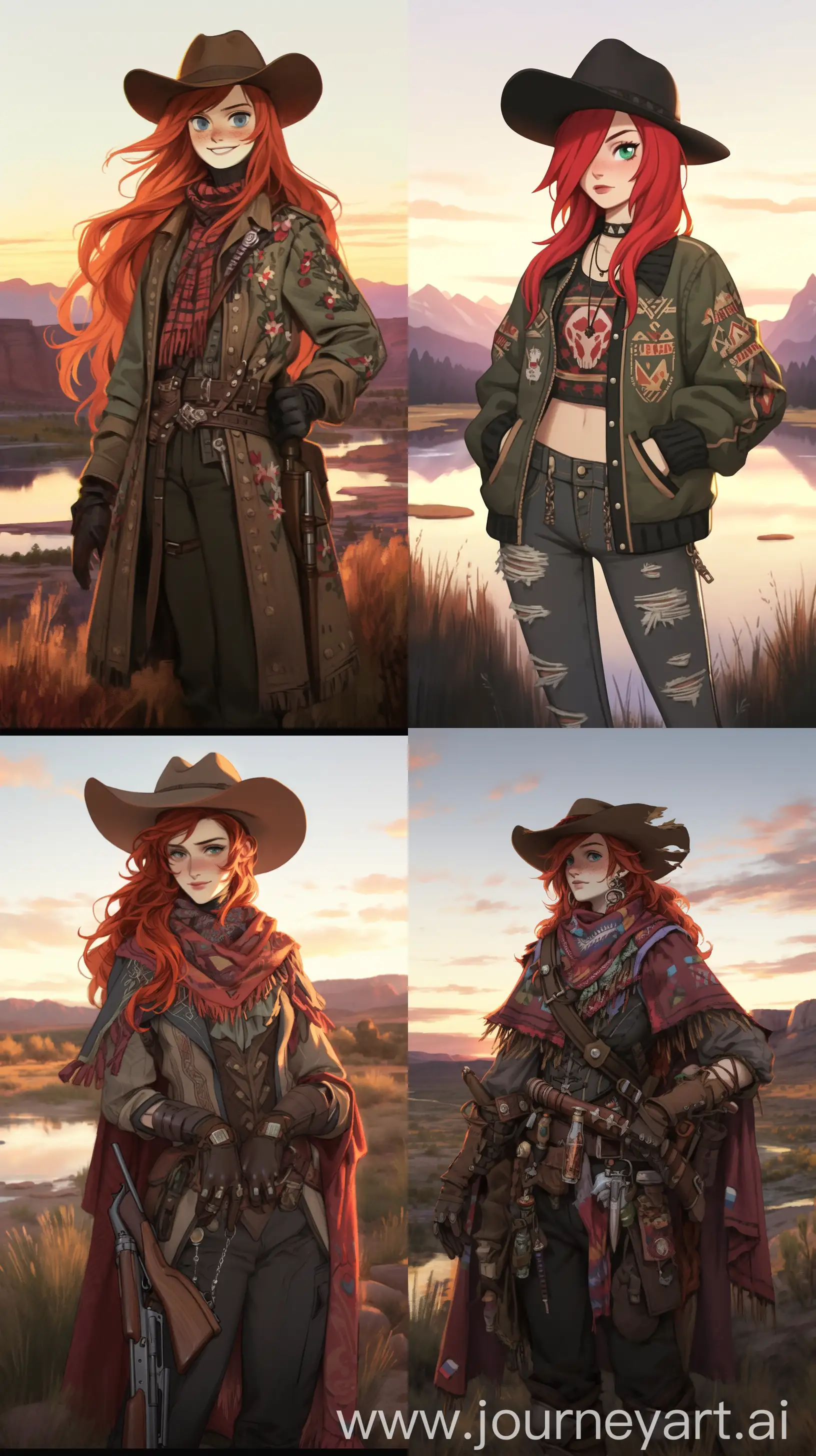 Beautiful gunslinger redhead girl in cowboy clothes wearing a hat and leather jacket, holding old revolve in a sunset old west landscape, cinematic lighting, high angle shot --niji --ar 9:16