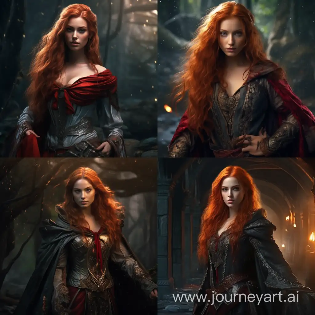 medium shot half-elf curvy evil nobility sorcerer girl with red hair and freckles in  sorcerer aristocratic robe in magic forest in dungeon and dragons style