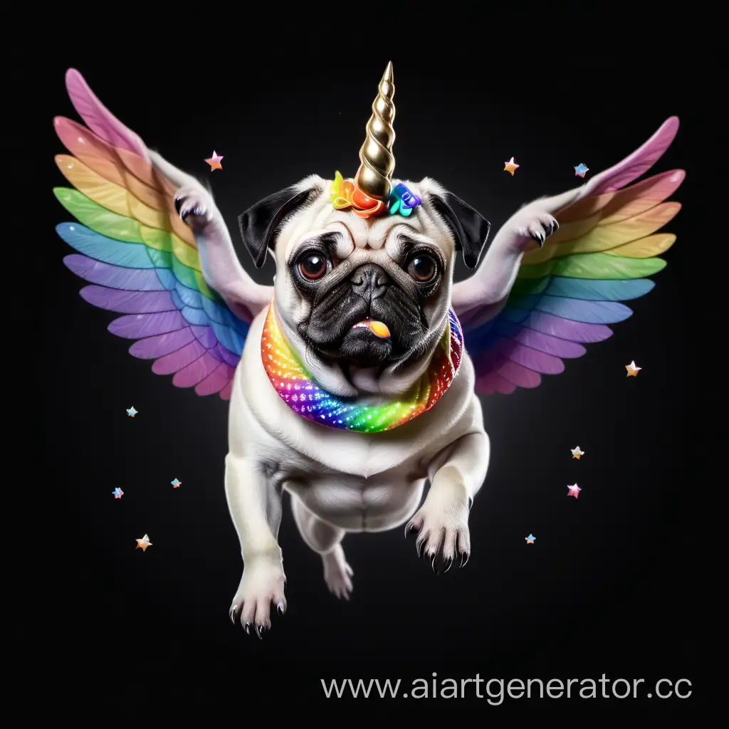 Whimsical-White-PugUnicorn-Soaring-with-Rainbow-Wings-and-Horn-on-a-Black-Background