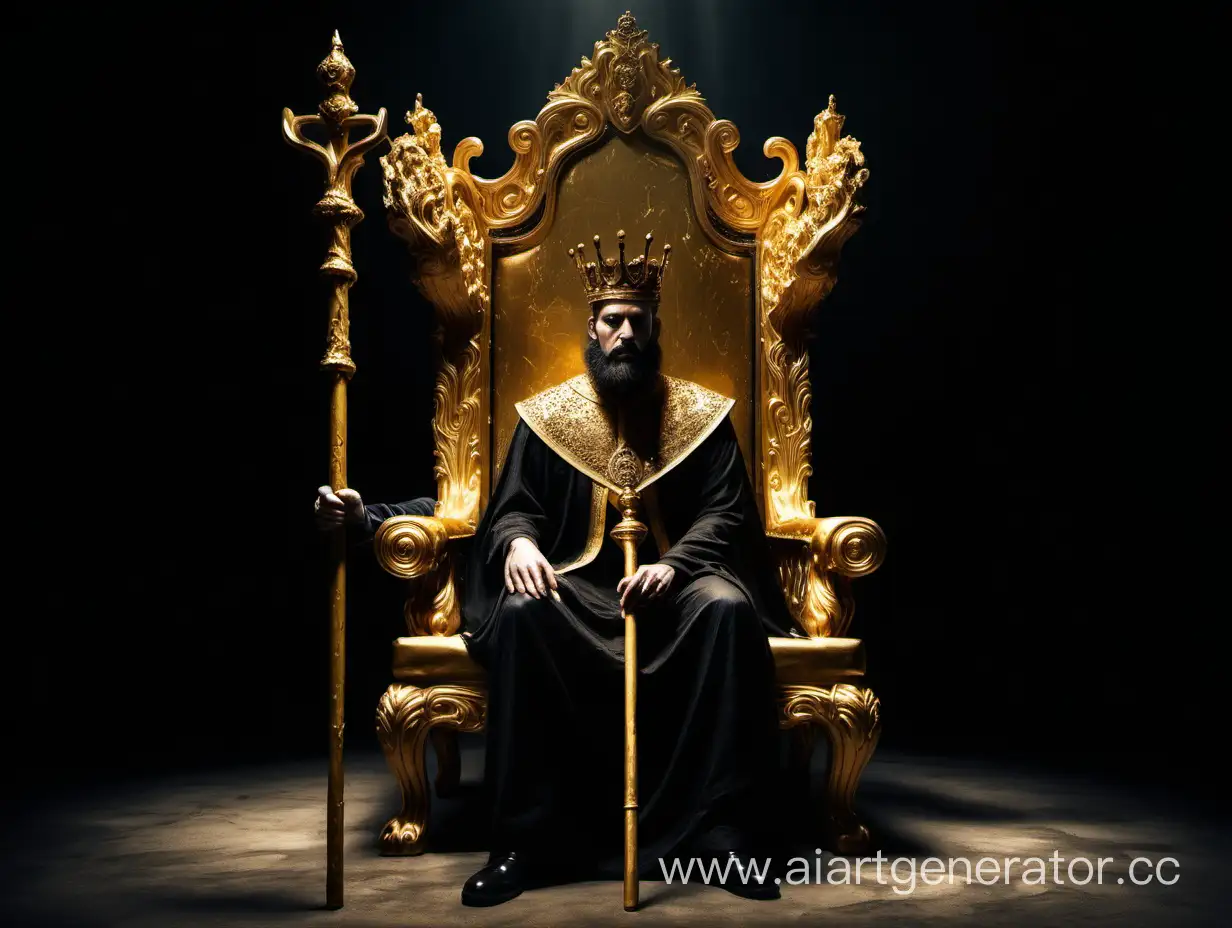A dark empty golden throne.and there was a man,wearing a royal cloth,and holding a made-from-gold walking stick