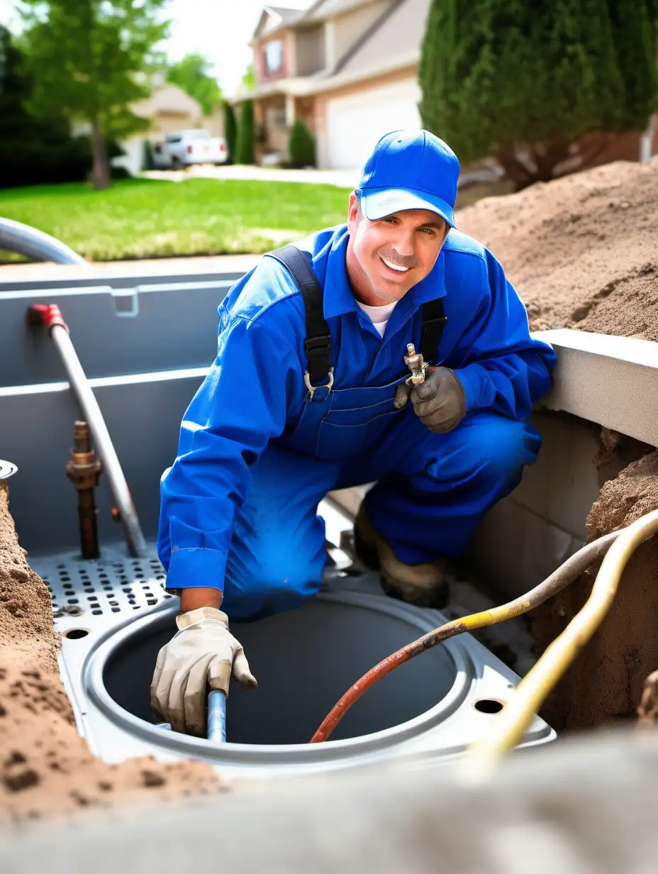 American plumber in blue uniforms, working on "Sewer Line Repair" Plumbing Services, with of plumbing. Main Focus on main service in the images. need HD images.