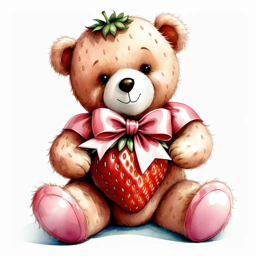 childrens book style illustration of a sitting teddy bear, wearing a pink satin bow around neck, hugging a giant strawberry, white background