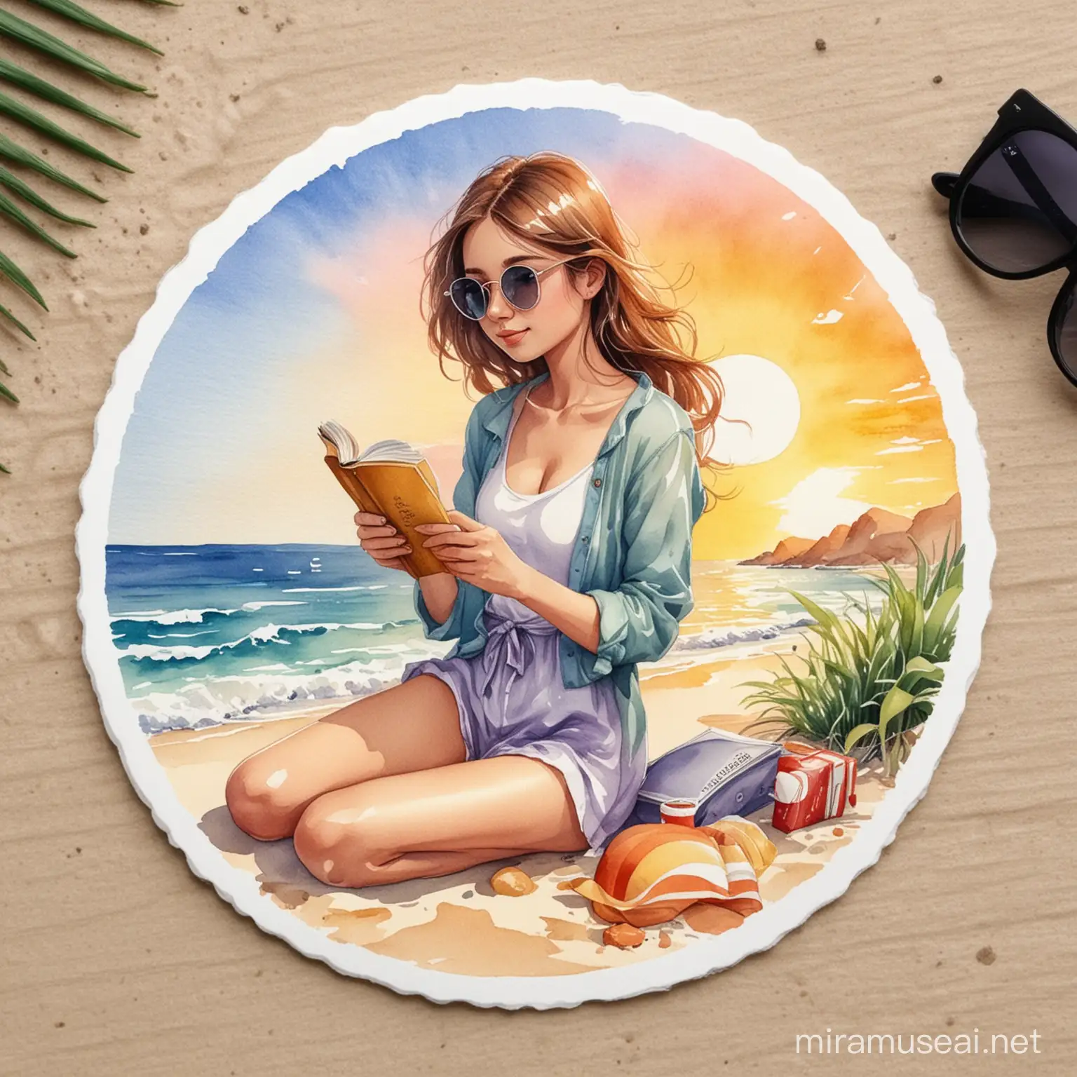 A higher quality watercolor illustration sticker of girl on beach reading a book , in center position,  body lotion,  sun glasses,  drink, watercolor painting format 