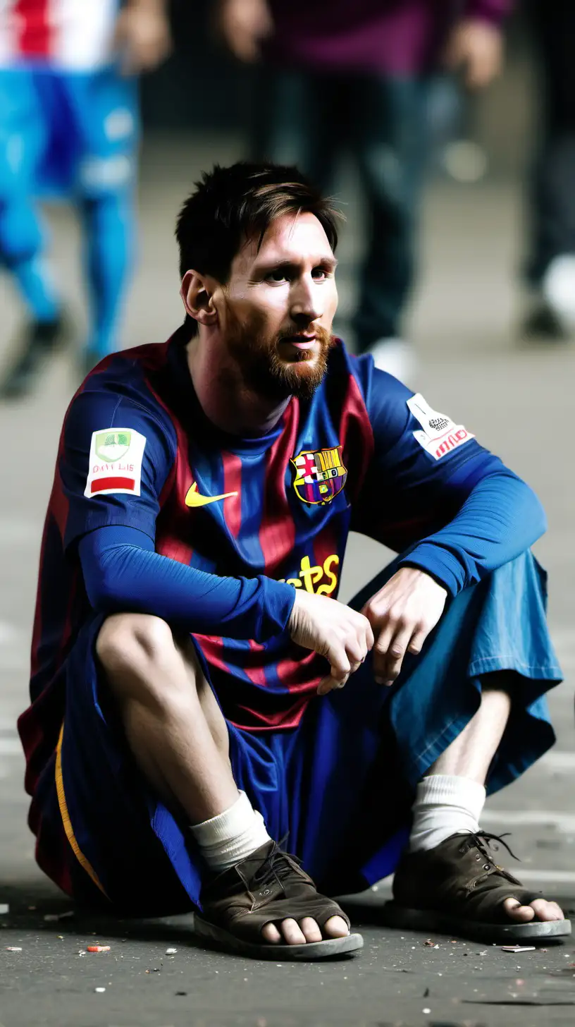 Lionel Messi dressed up as a homeless guy sitting on the ground begging