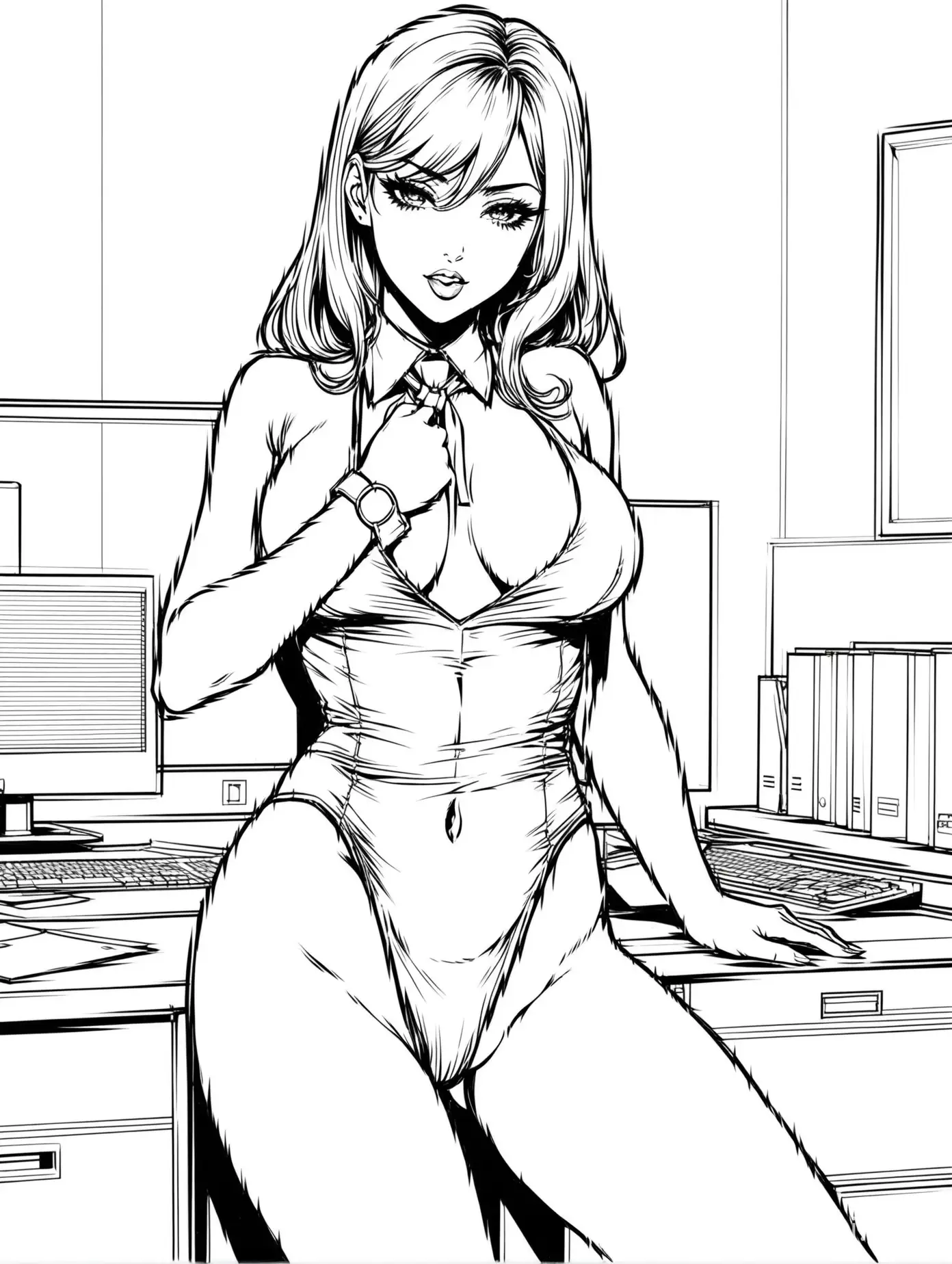 A black and white coloring page of a Seductive Office Girl wearing a revealing outfit, in a sexy pose
