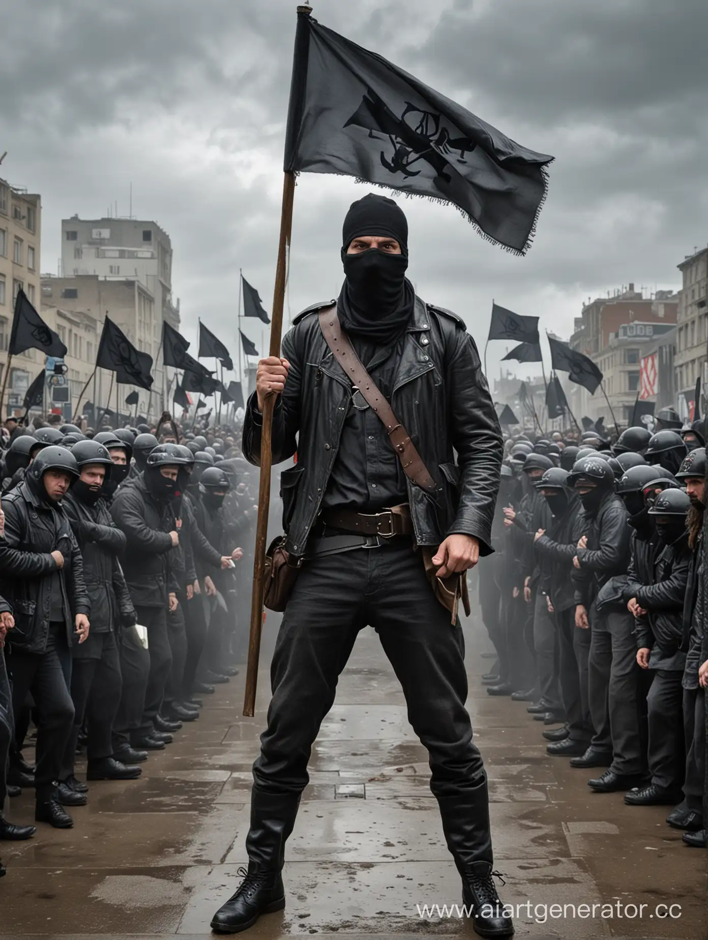 an anarchist in the crowd. the black flag. beats a policeman. Grey sky, rally,