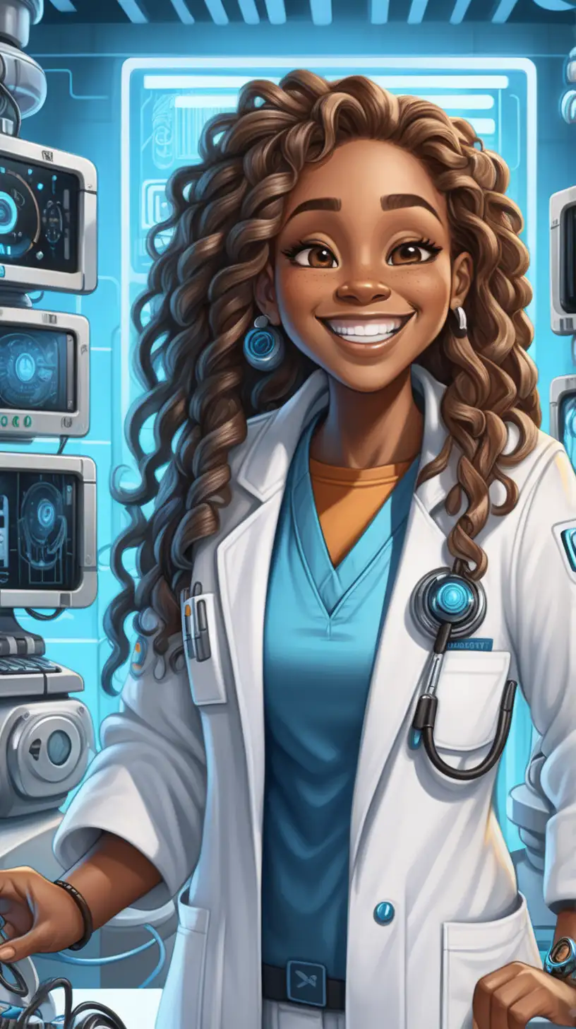 Joyful Scientist in Futuristic Lab Smiling Black Woman with Long Curly Hair
