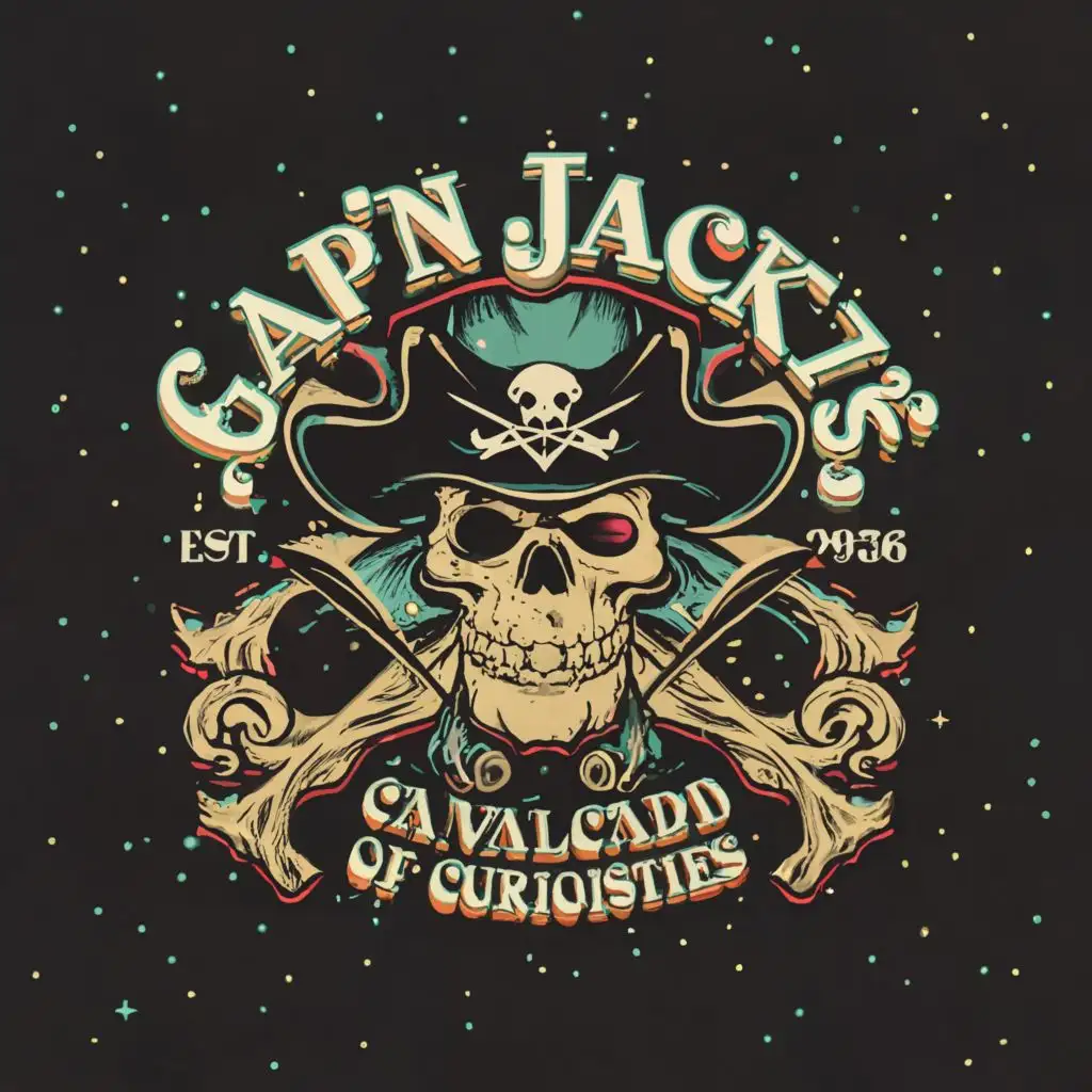 a logo design,with the text 'Cap'n Jack T. Ripper's Cosmic Cavalcade of Curiosities', main symbol:creature feature, youtube show, space pirate, humor, skulls, sci-fi, horror,Moderate,be used in Entertainment industry,clear background