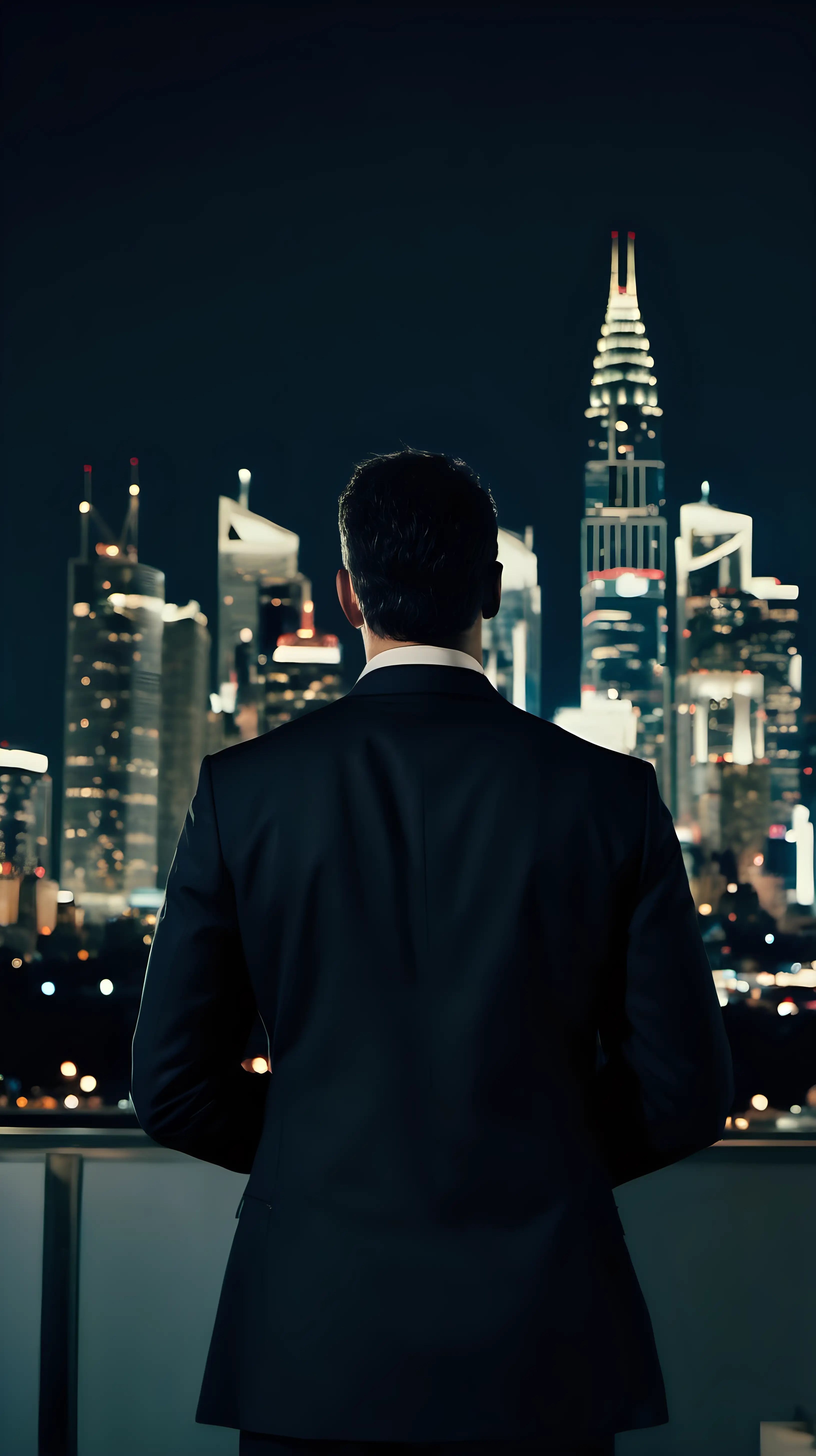 Businessman Posing in Front of Stunning Night City Skyline