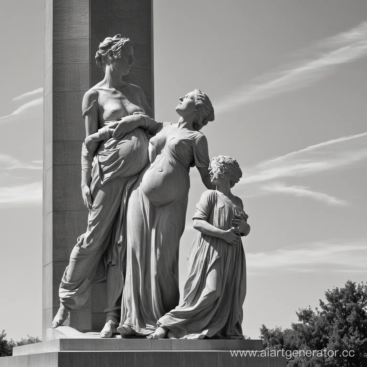 Памятник, мужчина, женщина беременная и ребенок рядом, в движении