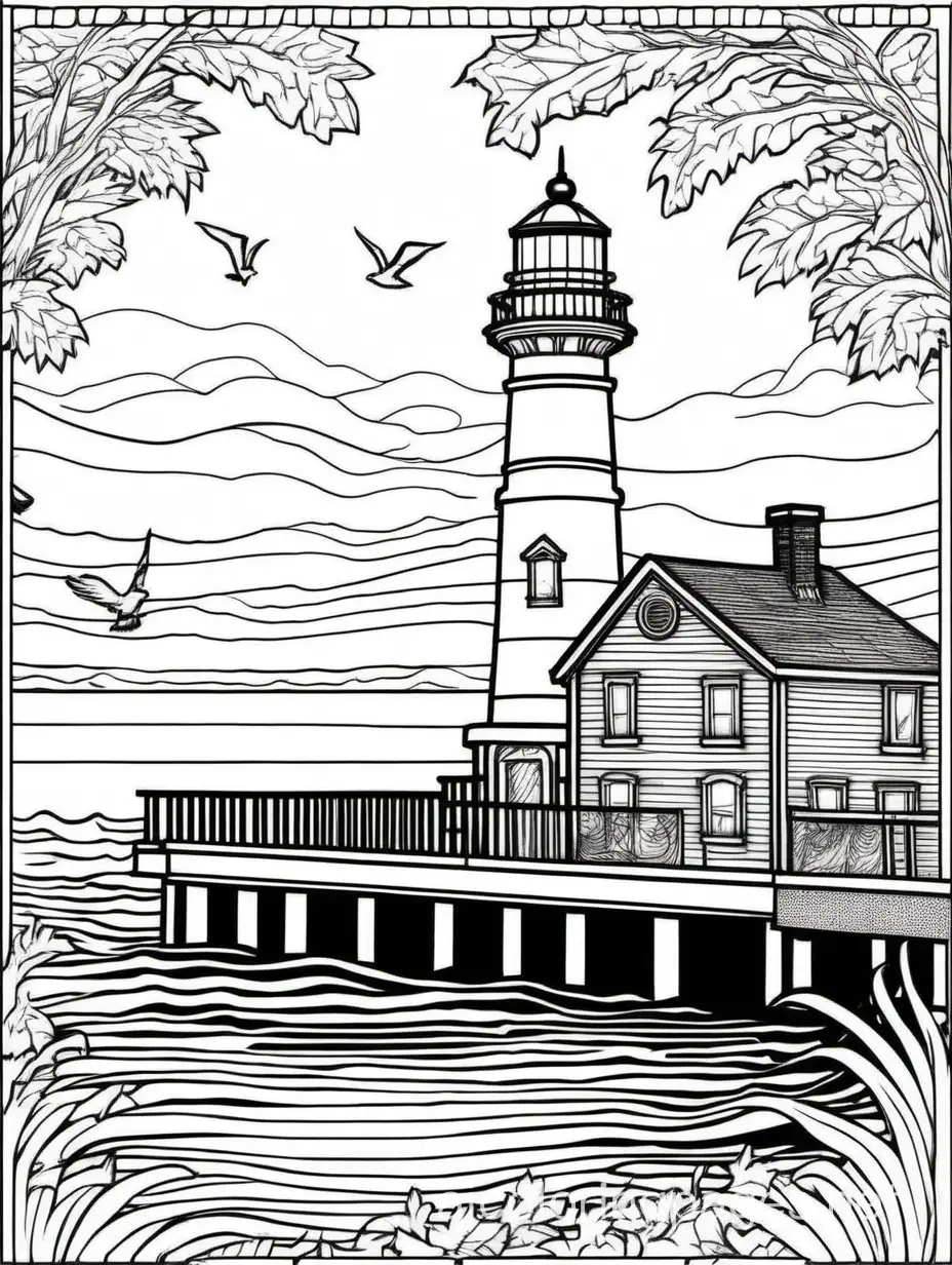 Michigan Lighthouse and pier, guiding ships in the night, Old world masterpiece style, extremely detailed, flamboyant, fantasy, beautiful high detail, crisp quality, line art. The outlines of all the subjects are easy to distinguish. Peaceful, tranquil, 
, Coloring Page, black and white, line art, white background, Simplicity, Ample White Space. The background of the coloring page is plain white to make it easy for young children to color within the lines. The outlines of all the subjects are easy to distinguish, making it simple for kids to color without too much difficulty