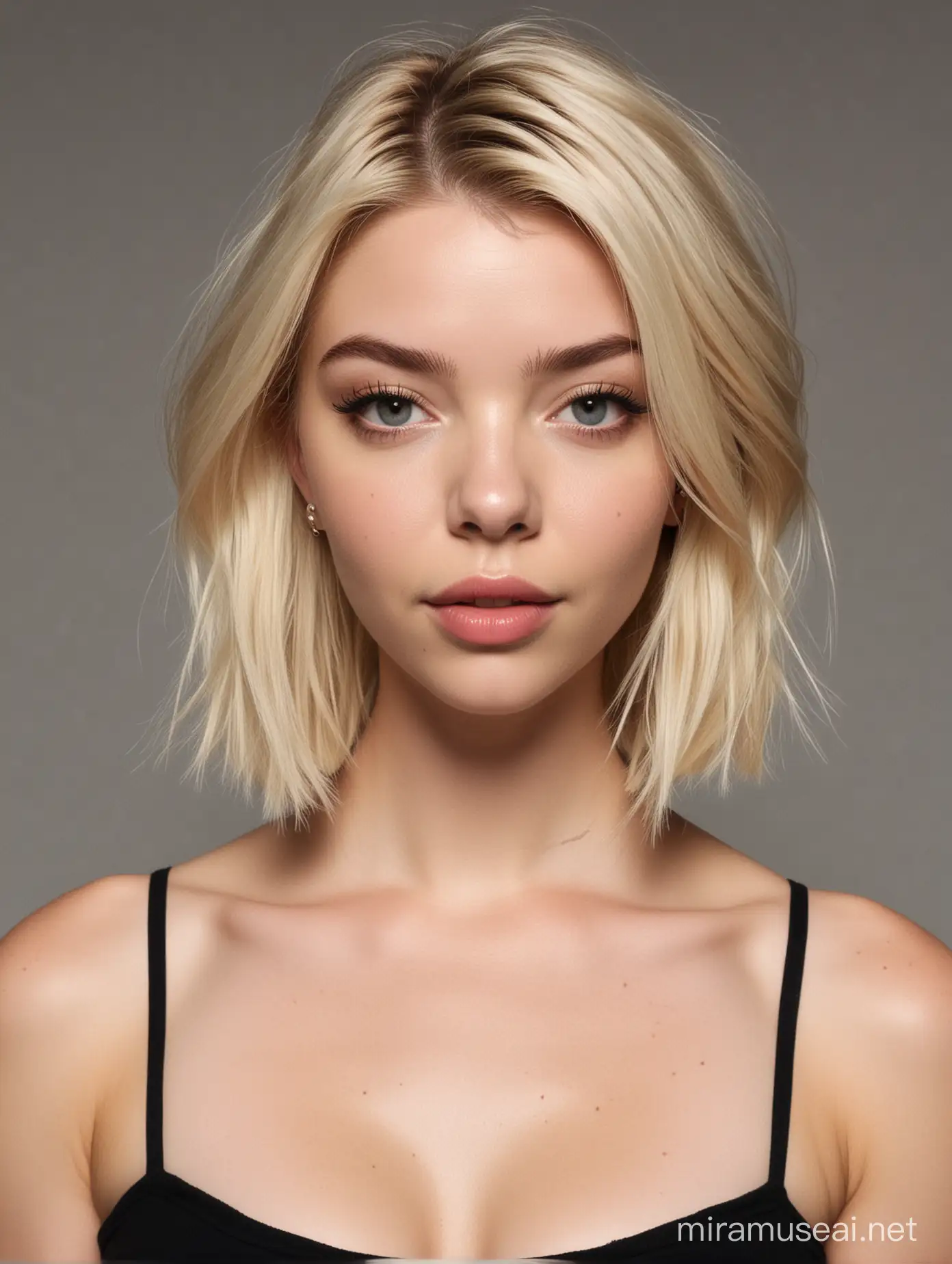 Anya Taylor Joy, short blonde hair,black midriff tanktop