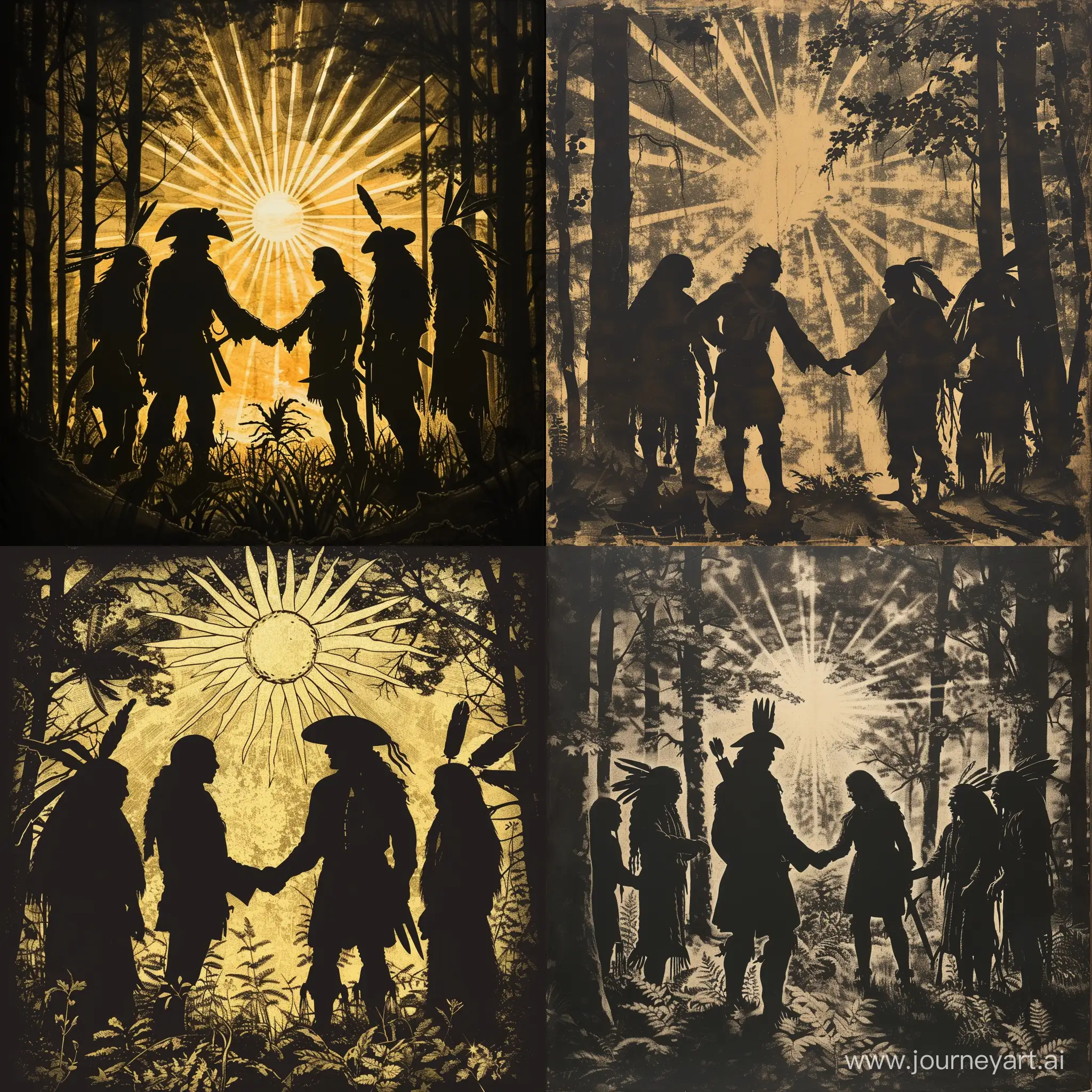 Peace-Treaty-Pilgrim-and-Cherokee-Indians-Silhouetted-in-Forest