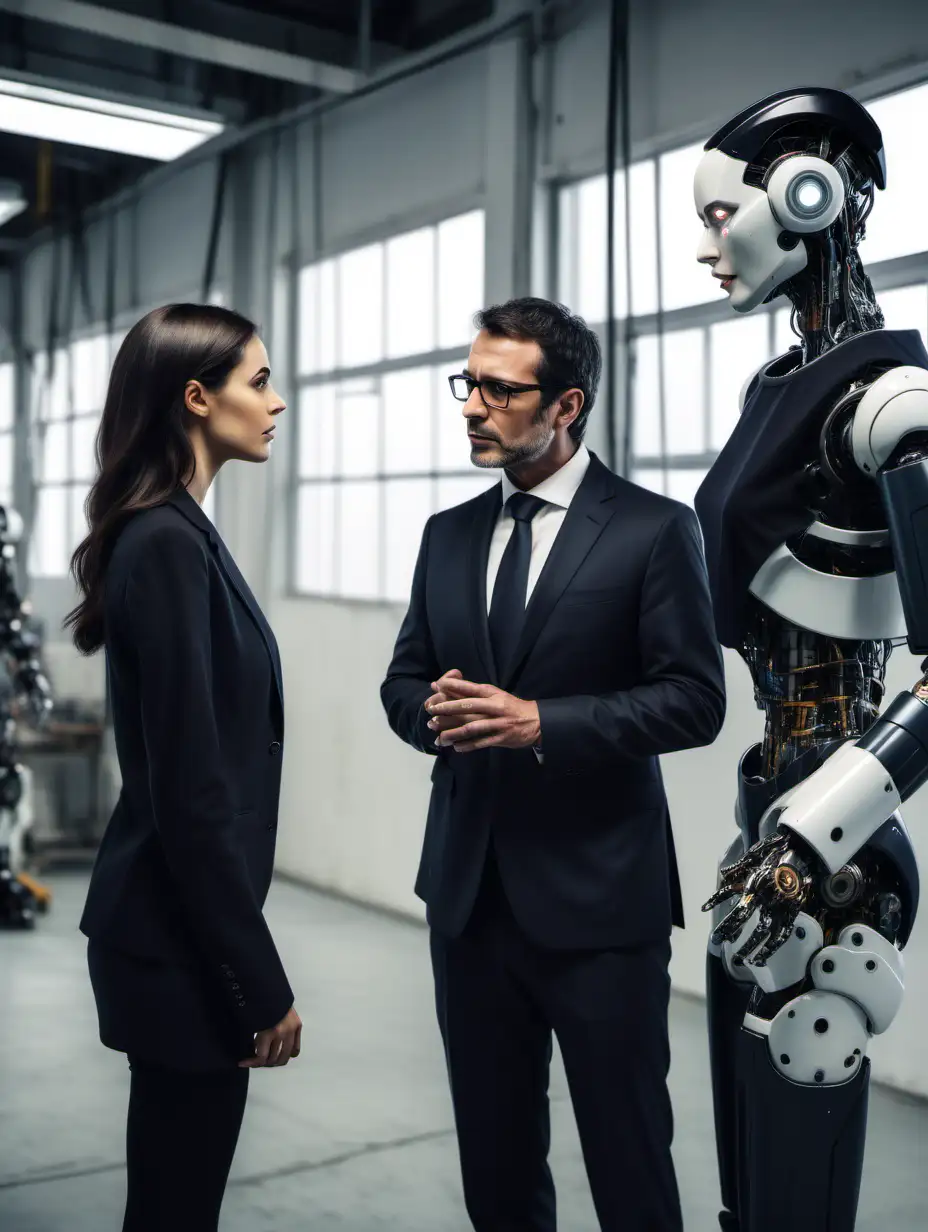 Confident Spanish Man Discussing Humanoid Robot Production with Concerned Woman