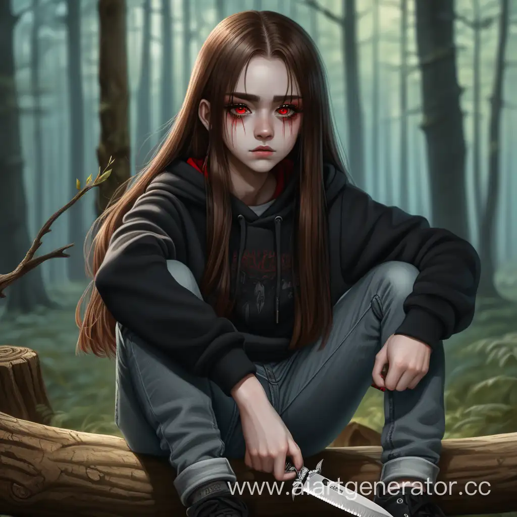 Девушка. Длинные коричневые волосы, красные зрачки, черная склера глаз, черная толстовка, серые джинсы, в руке нож, сидит на ветке, на фоне леса